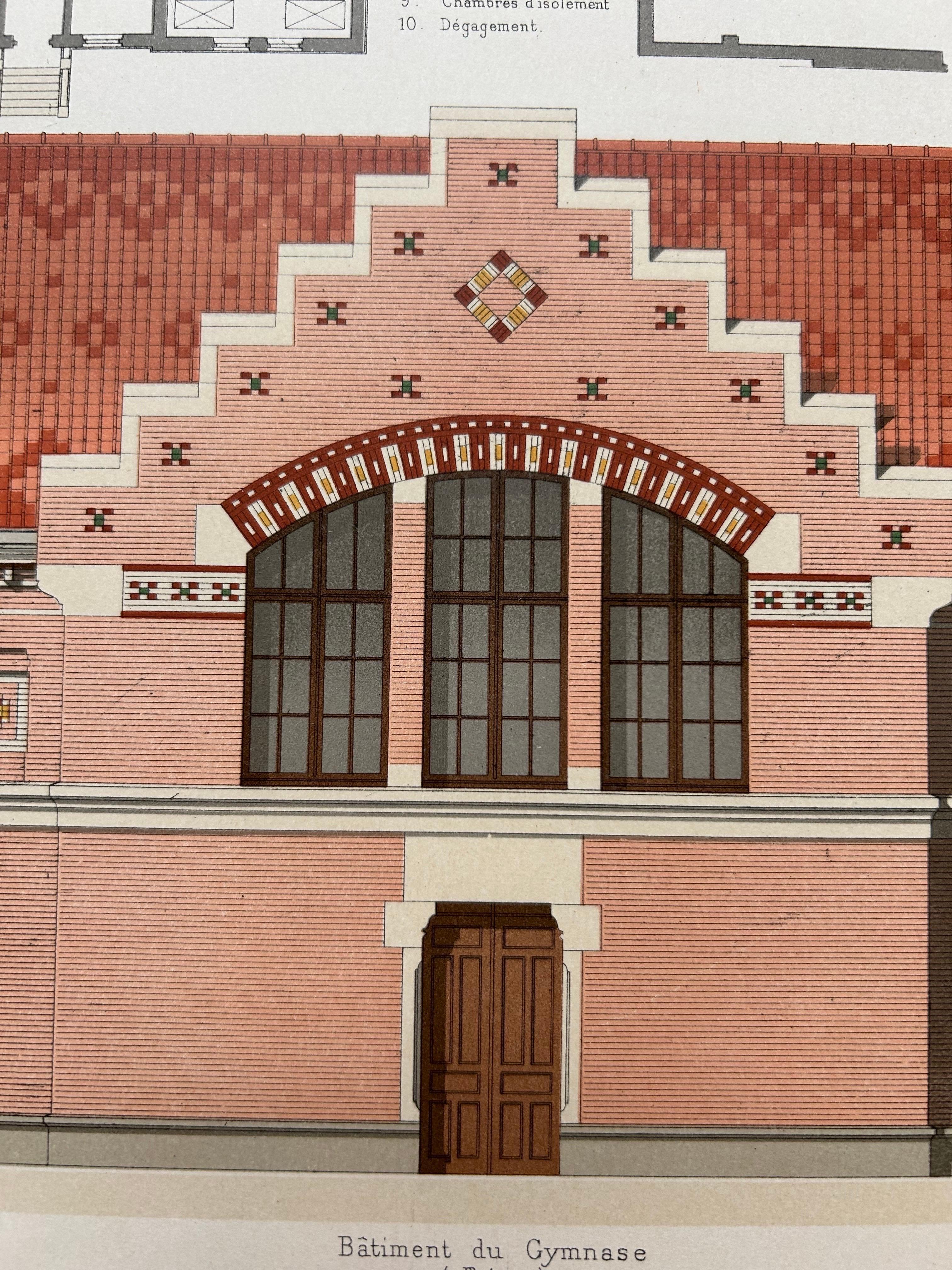 La Brique Architectural Print – Pharmacy & Gymnasium by Charles Chipiez, c.1900 For Sale 2