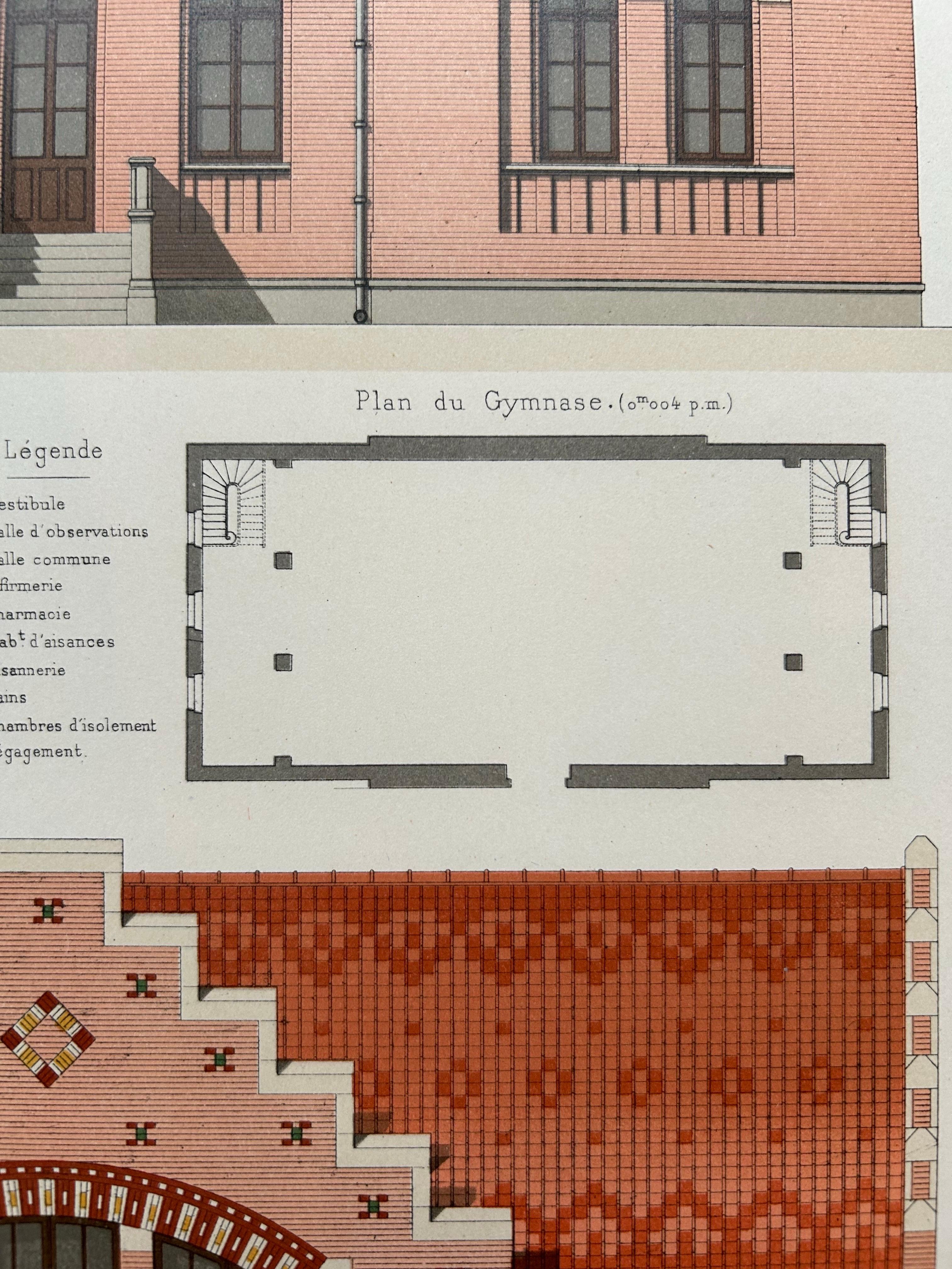 La Brique Architectural Print – Pharmacy & Gymnasium by Charles Chipiez, c.1900 For Sale 4