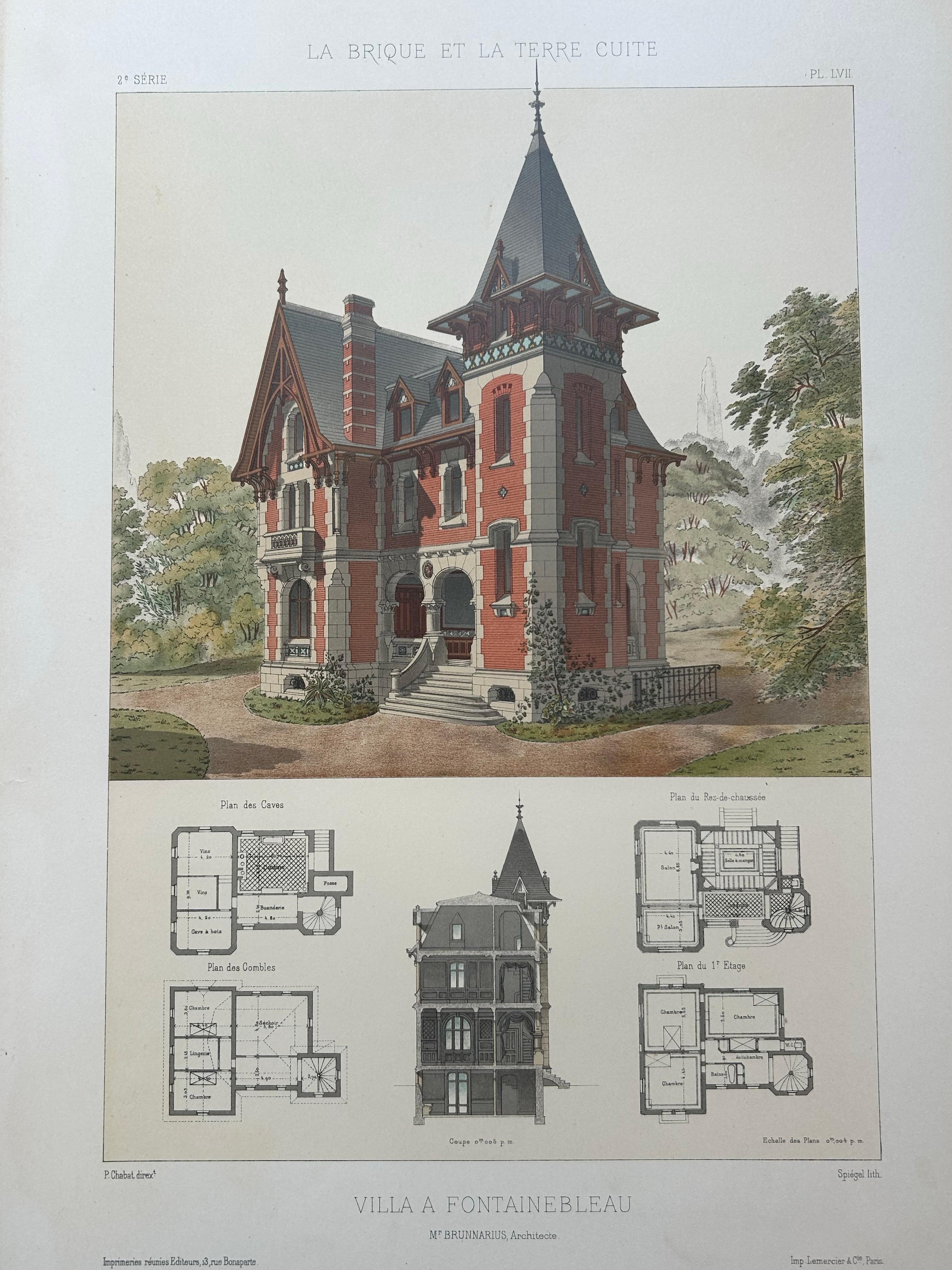 Villa à Fontainebleau – French Architectural Print from La Brique, c.1900

Beautiful antique architectural print depicting a villa designed in Fontainebleau by architect Mr. Brunnarius. This striking illustration comes from the renowned