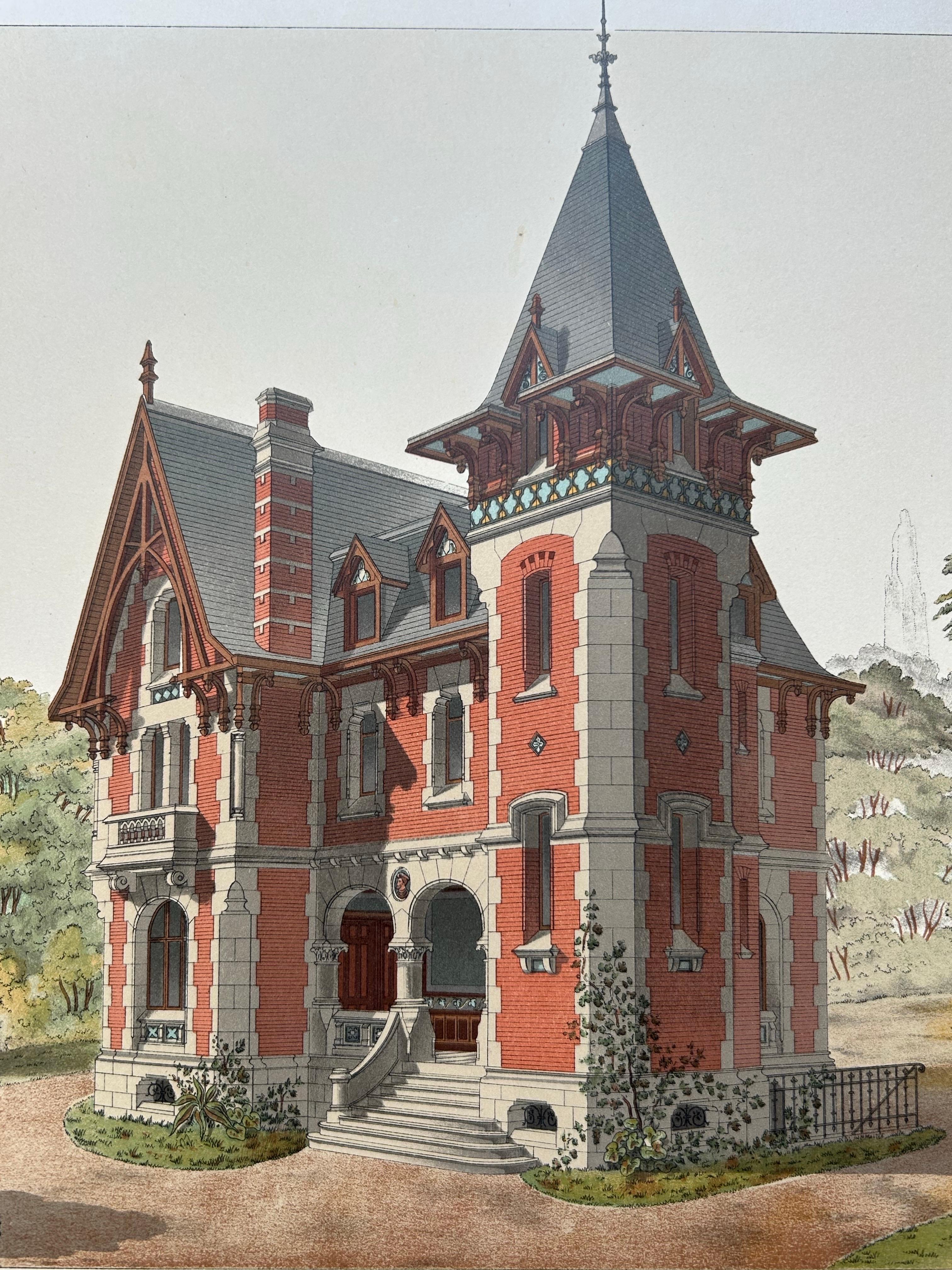 Villa à Fontainebleau – French Architectural Print from La Brique, c.1900 In Good Condition For Sale In Langweer, NL