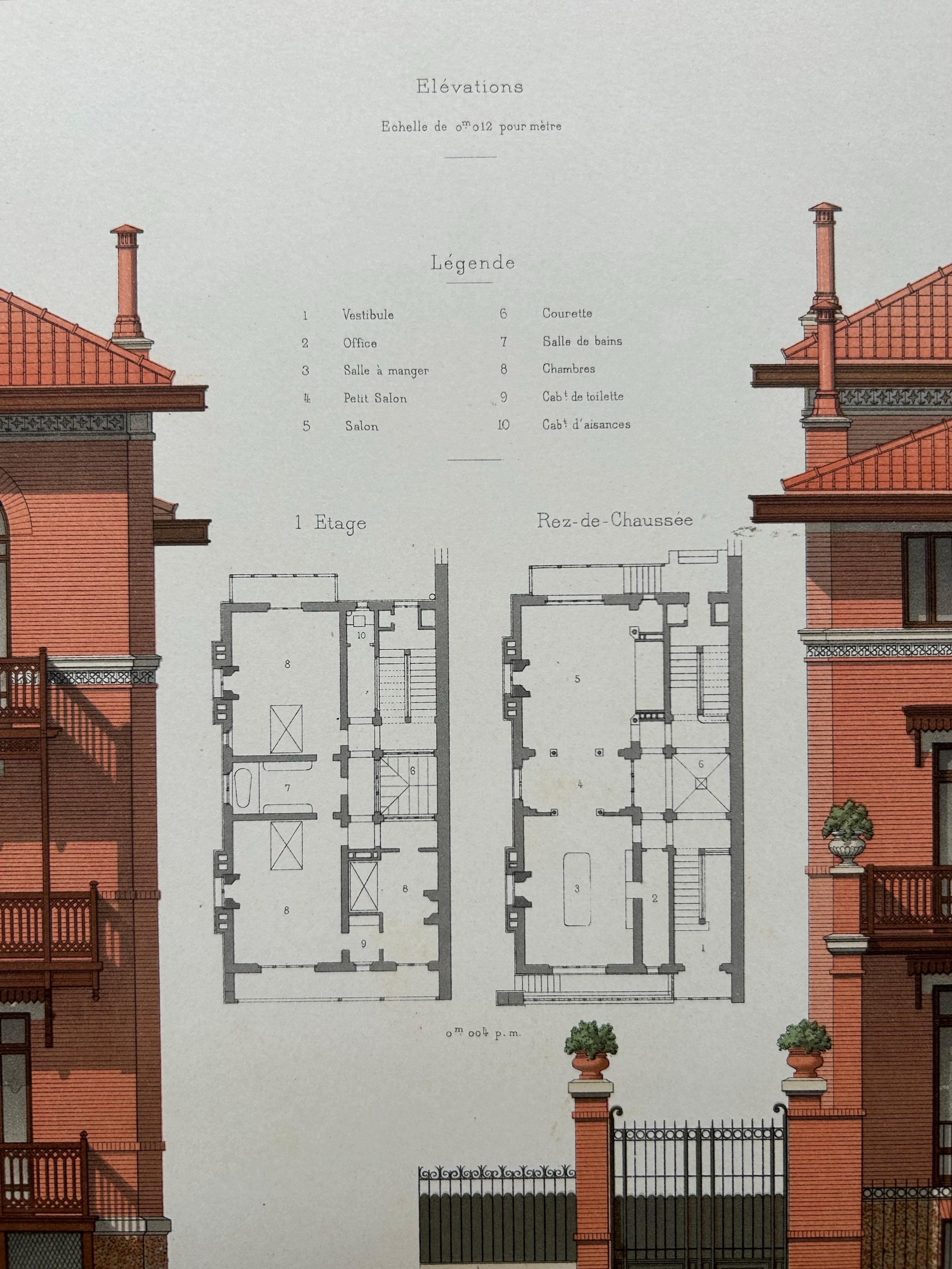 Paper Maison Rue de la Faisanderie – French Architectural Print from La Brique, c.1900 For Sale