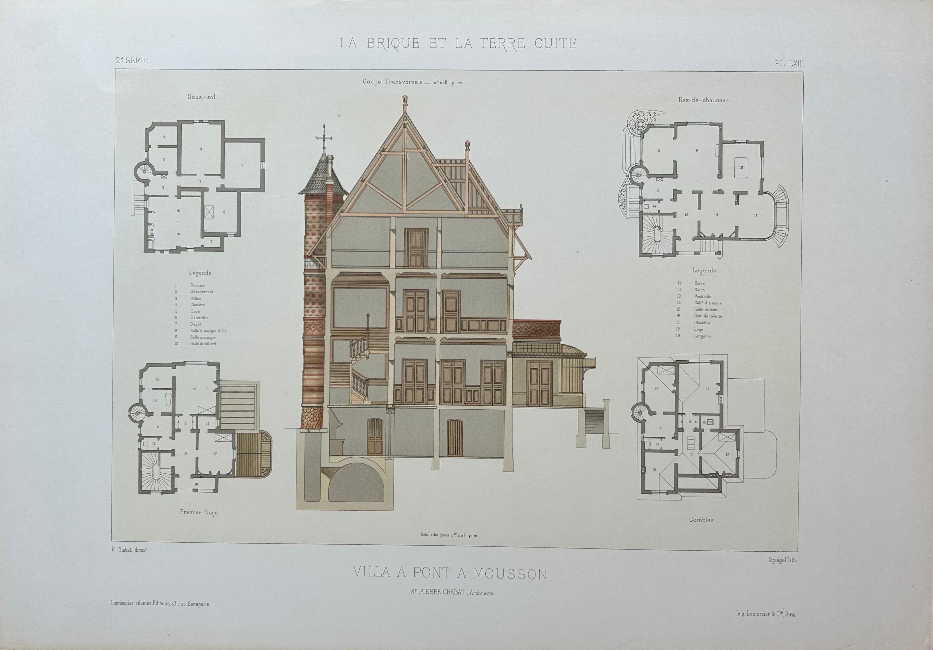 Villa at Pont-à-Mousson – French Architectural Lithograph from La Brique, c.1900

Striking antique architectural lithograph depicting a villa at Pont-à-Mousson, designed by the French architect Pierre Chabat. This detailed print showcases both the