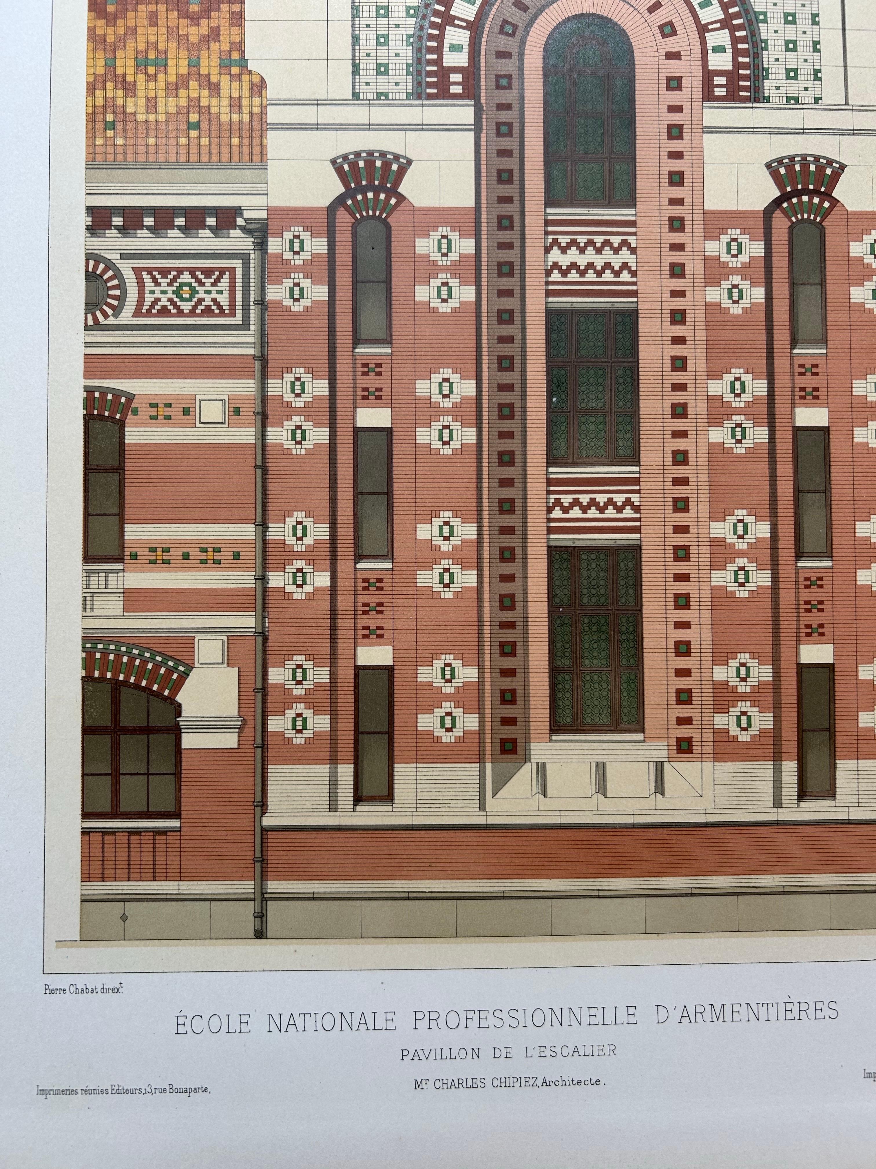 École Nationale – French Architectural Lithograph from La Brique, Chipiez c.1900 For Sale 1