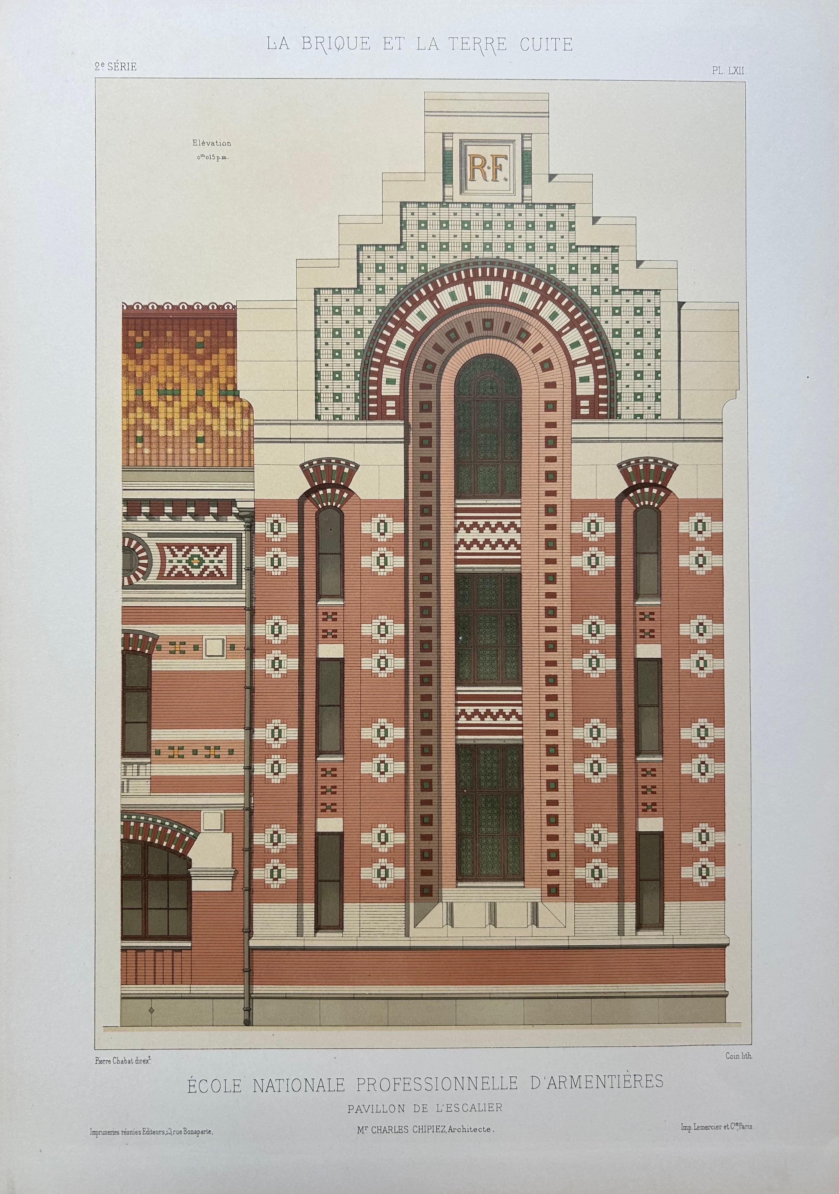 École Nationale – French Architectural Lithograph from La Brique, Chipiez, c.1900

Elegant antique architectural lithograph showing the detailed elevation of the Pavillon de l’Escalier (Staircase Pavilion) of the École Nationale Professionnelle