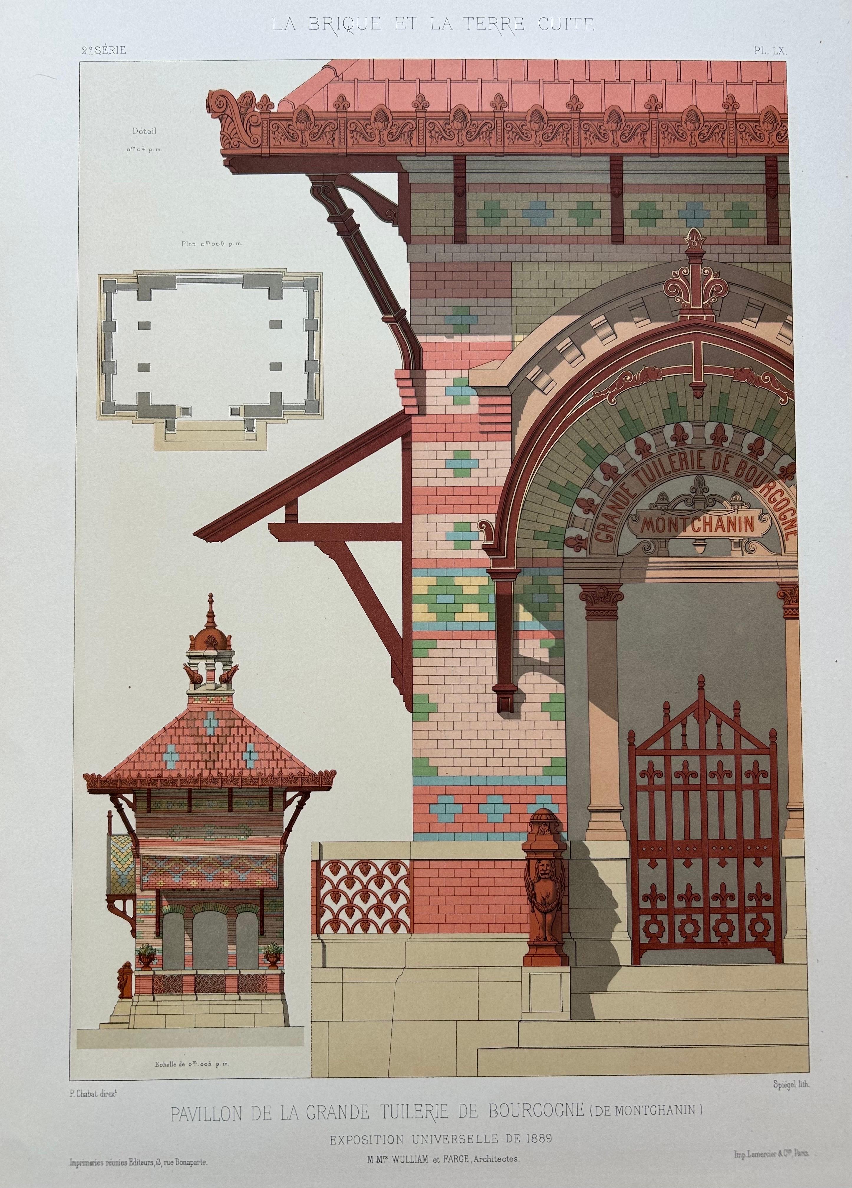 Pavillon de la Grande Tuilerie – French Architectural Lithograph, La Brique

This striking antique architectural lithograph shows the pavilion of the Grande Tuilerie de Bourgogne (Montchanin) designed for the 1889 Exposition Universelle in Paris.