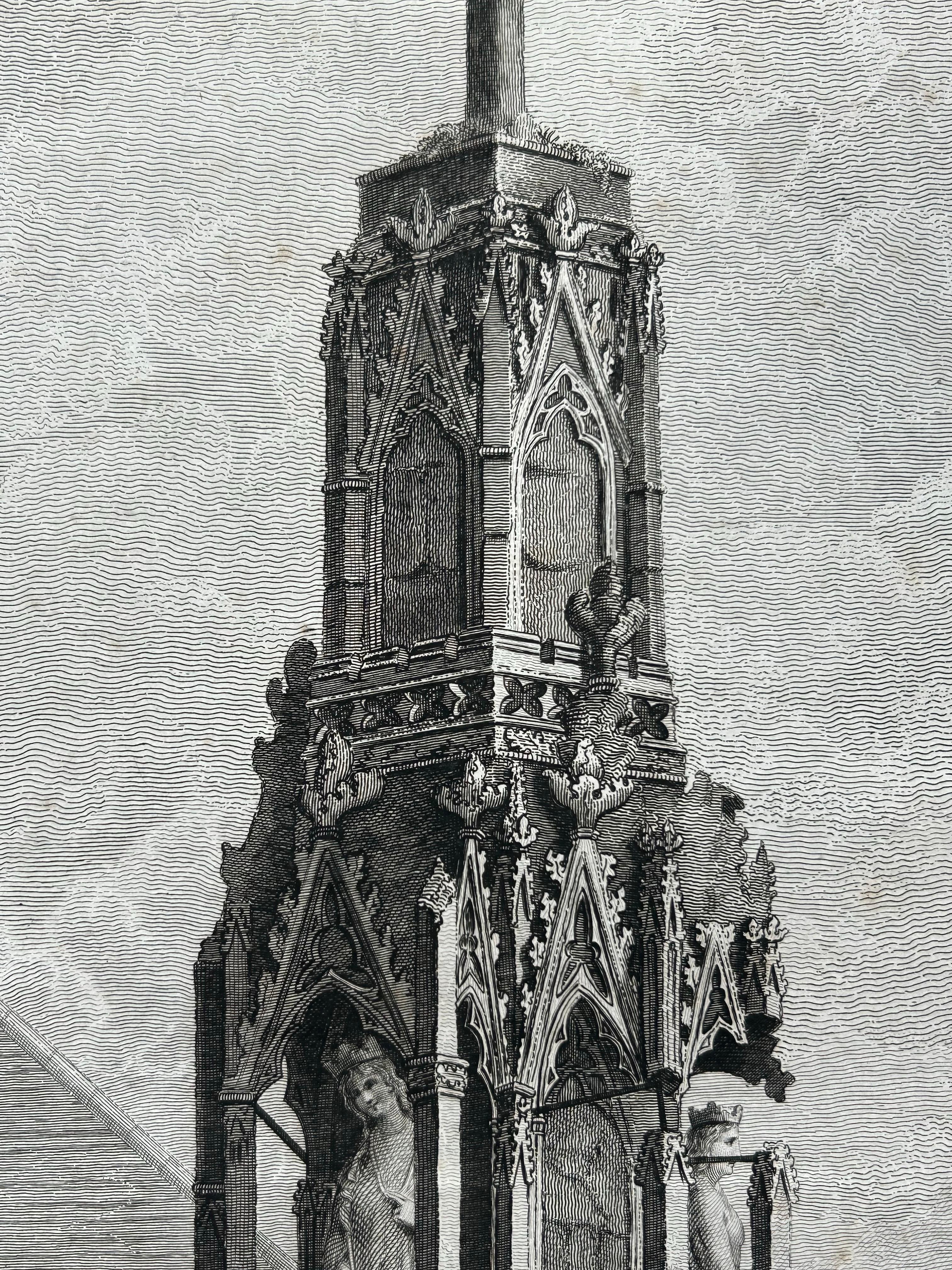 English Queen Eleanor Memorial Cross – Antique Engraving of Waltham Cross, c.1791 For Sale