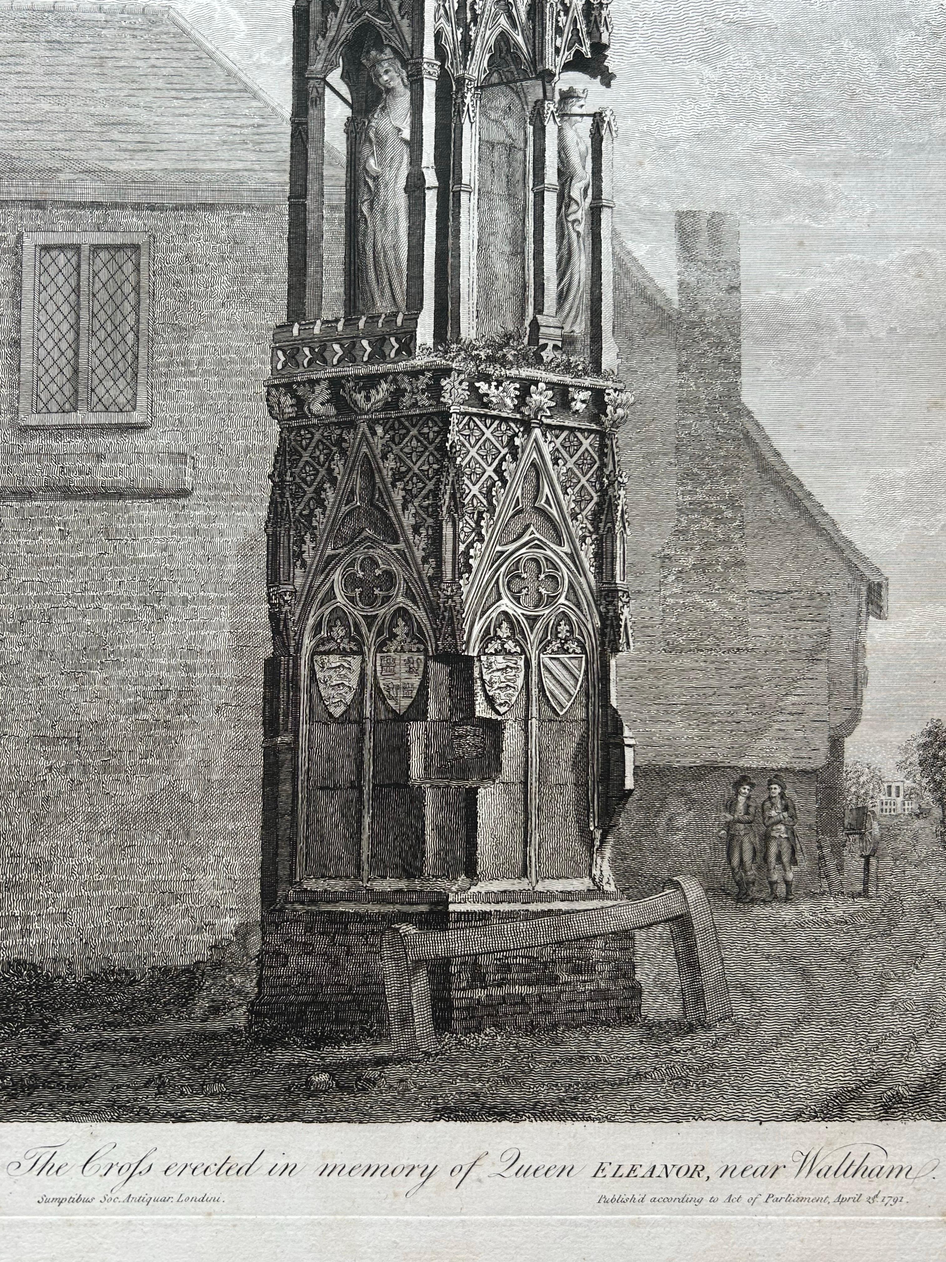 Paper Queen Eleanor Memorial Cross – Antique Engraving of Waltham Cross, c.1791 For Sale