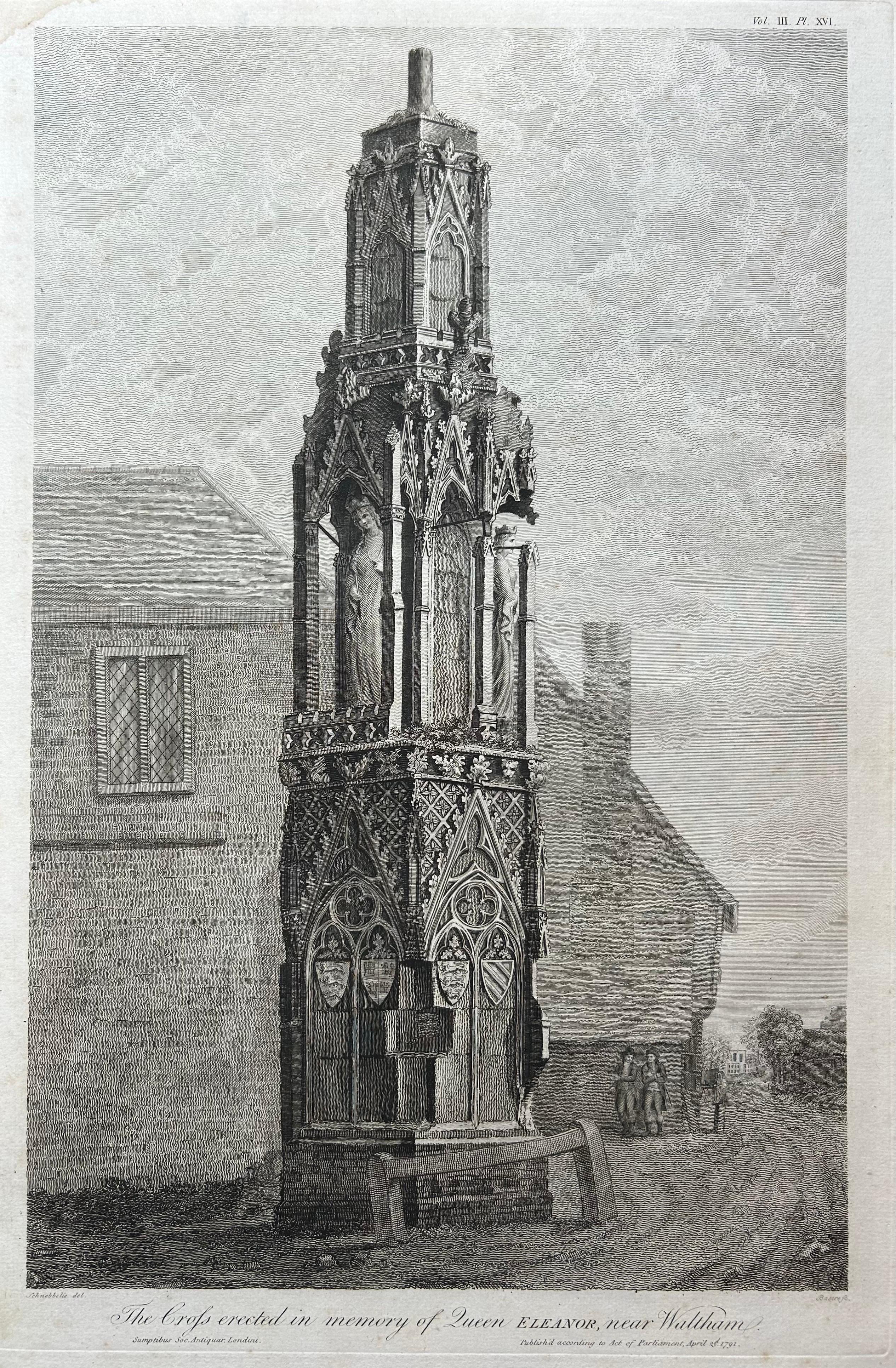Queen Eleanor Memorial Cross – Antique Engraving of Waltham Cross, c.1791

This finely executed antique engraving depicts the Eleanor Cross at Waltham, one of the twelve monumental crosses erected by King Edward I in memory of his wife, Queen