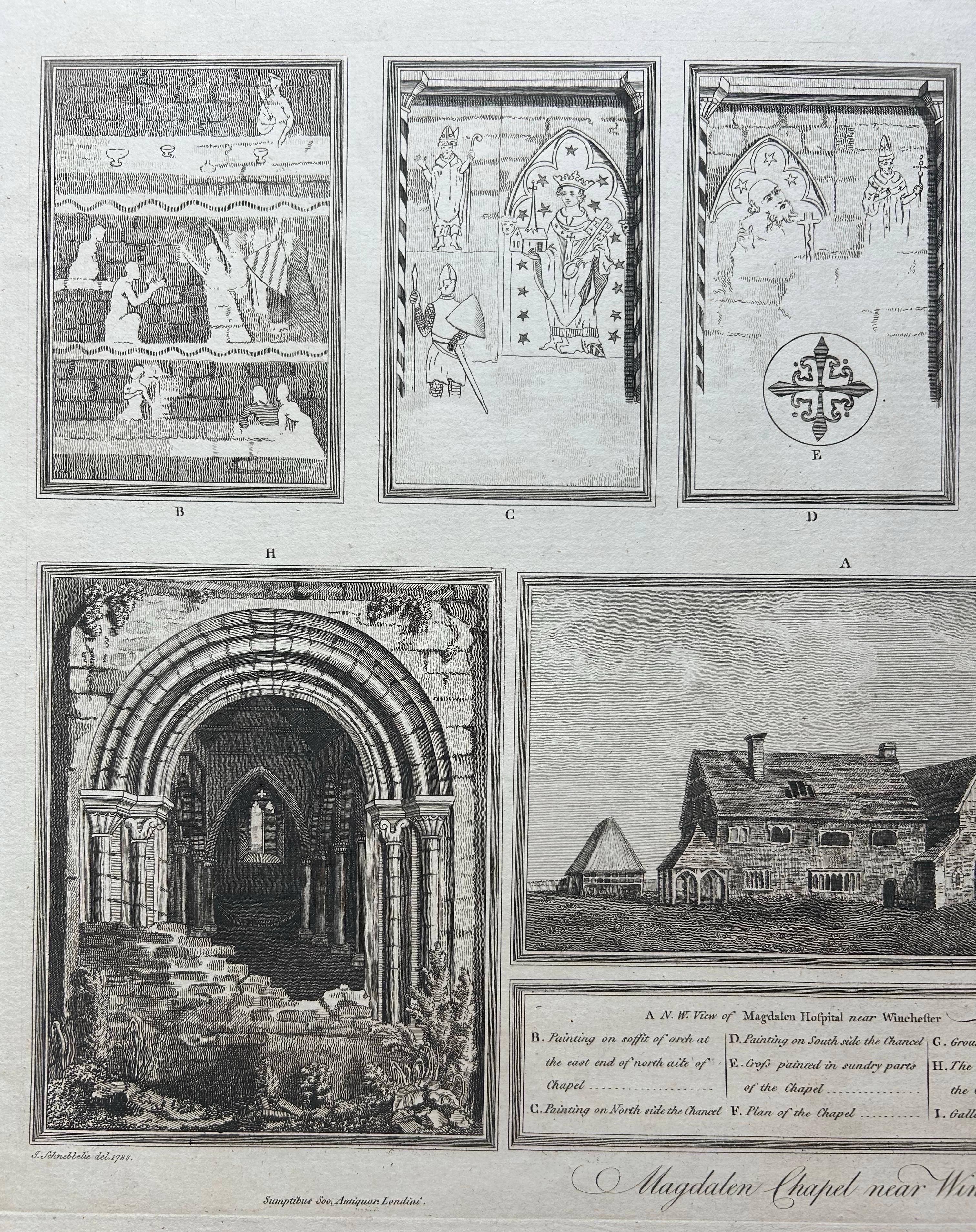Magdalen Chapel near Winchester – Antique Engraving of Medieval Hospital Site, 1790

This detailed antique engraving presents a series of architectural views and plans of the Magdalen Chapel near Winchester, part of the historic Hospital of St Mary