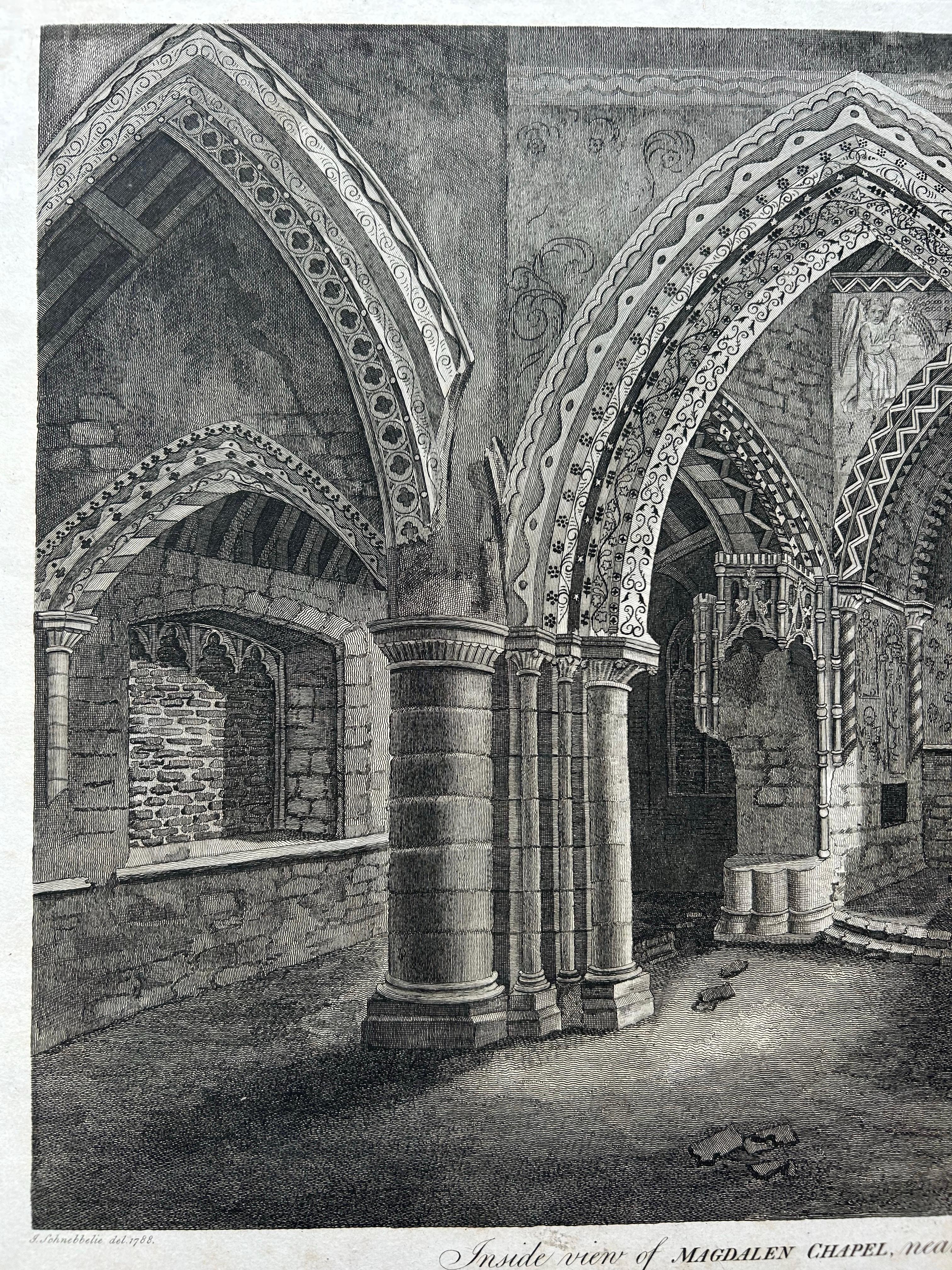 Inside View of Magdalen Chapel – Engraving of Medieval Gothic Interior, 1790

This atmospheric antique engraving captures the interior of the Magdalen Chapel near Winchester, as viewed from the west end of the chancel. The image immerses the viewer