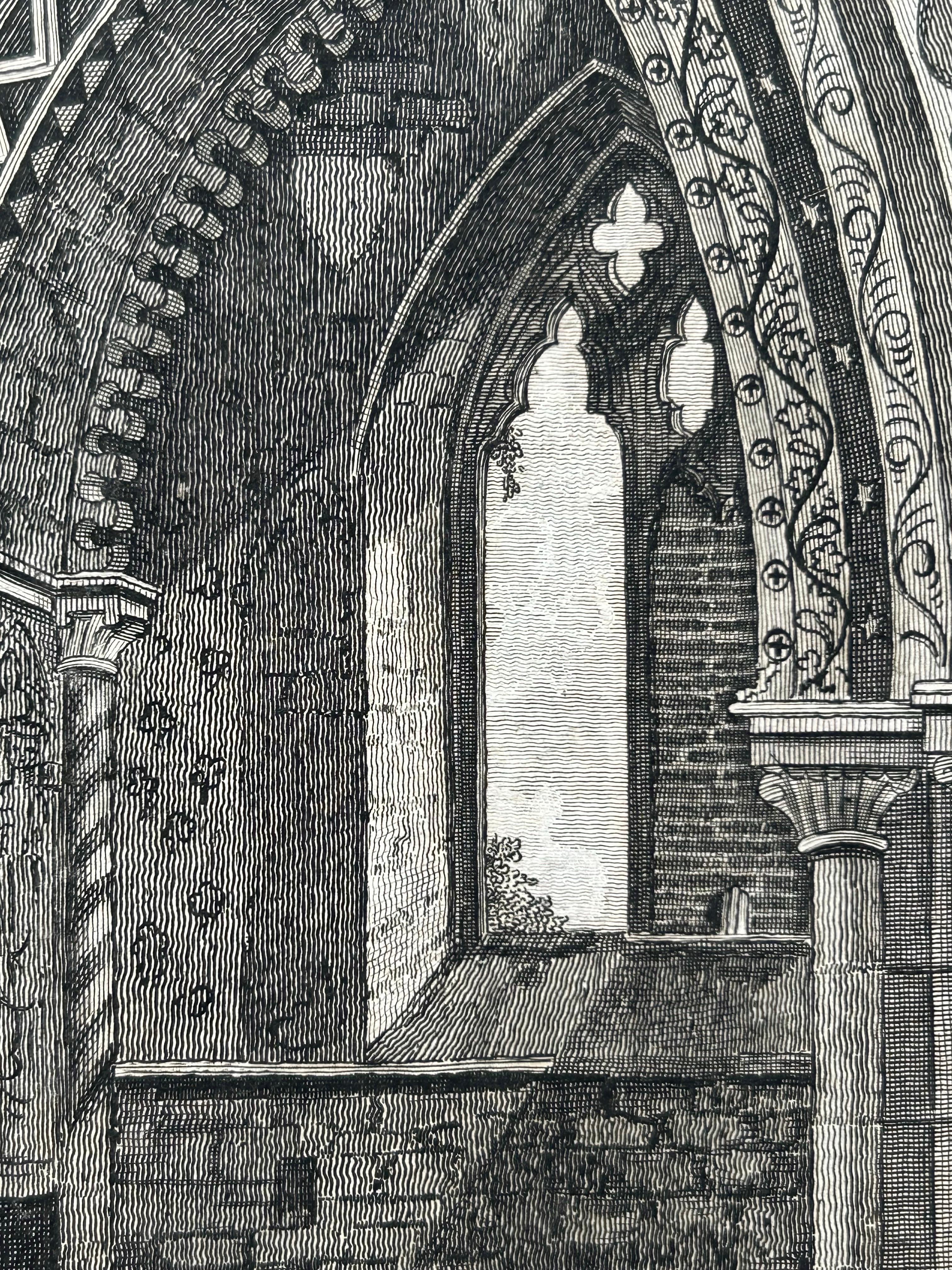 Engraved Inside View of Magdalen Chapel – Engraving of Medieval Gothic Interior, 1790 For Sale