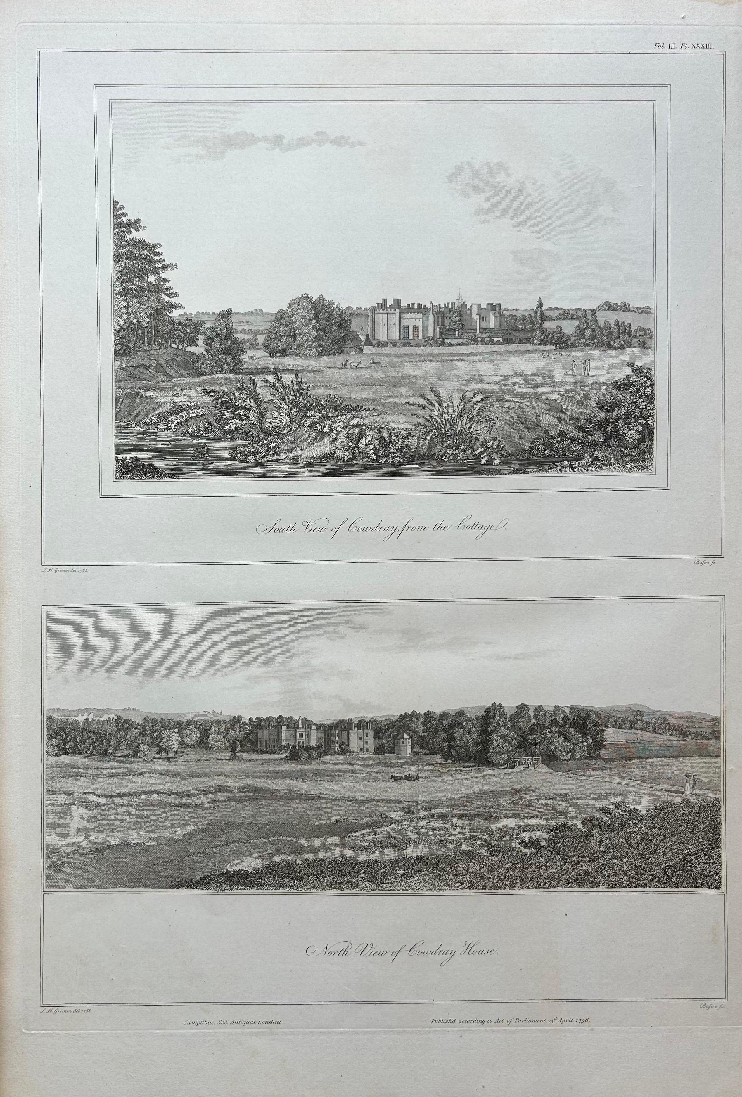 Views of Cowdray House – Engraving of South & North Aspects, Sussex, 1796

This finely executed antique engraving presents two distinct views of Cowdray House, the once-grand Tudor mansion in West Sussex, England. The upper image, titled “South View