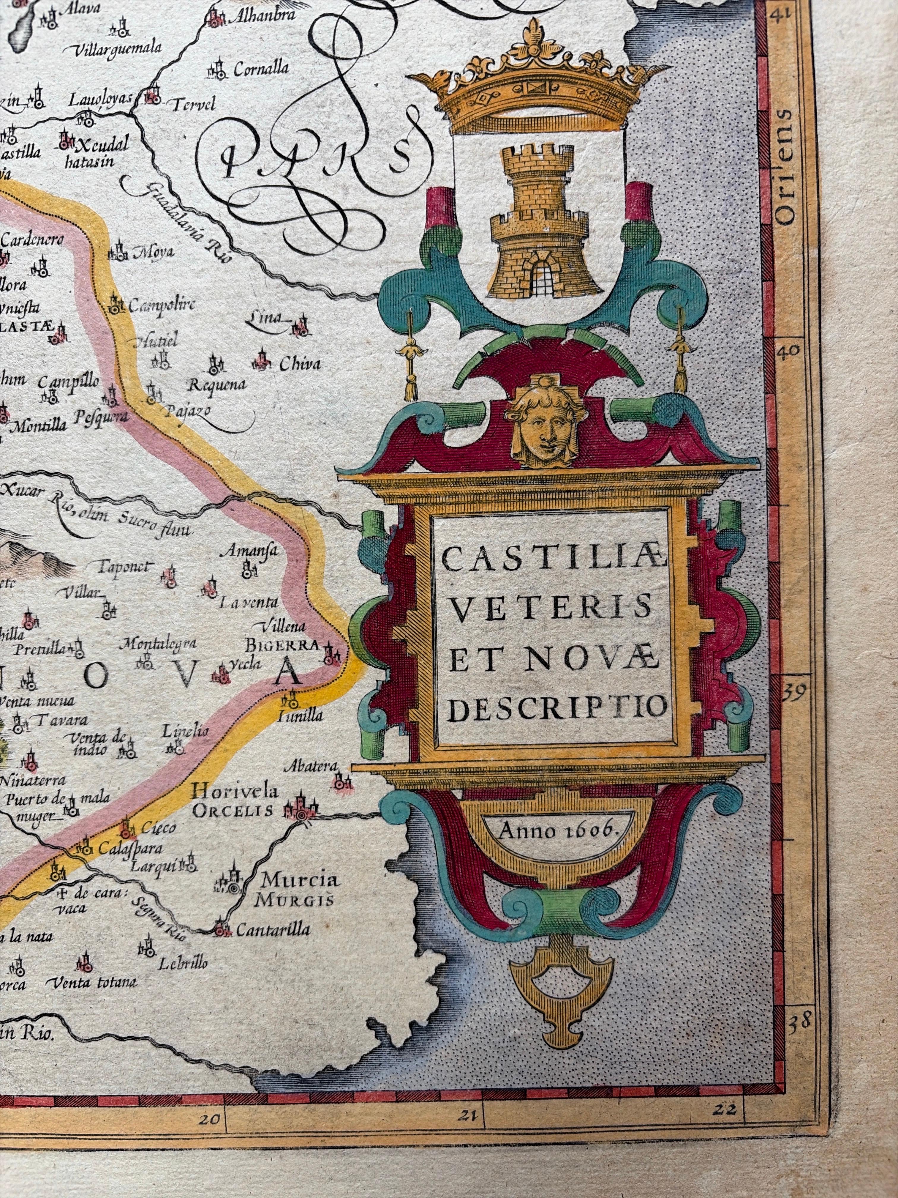 Mapa antiguo de Castilla la Vieja y la Nueva, España, por Jodocus Hondius, c.1636 Papel en venta