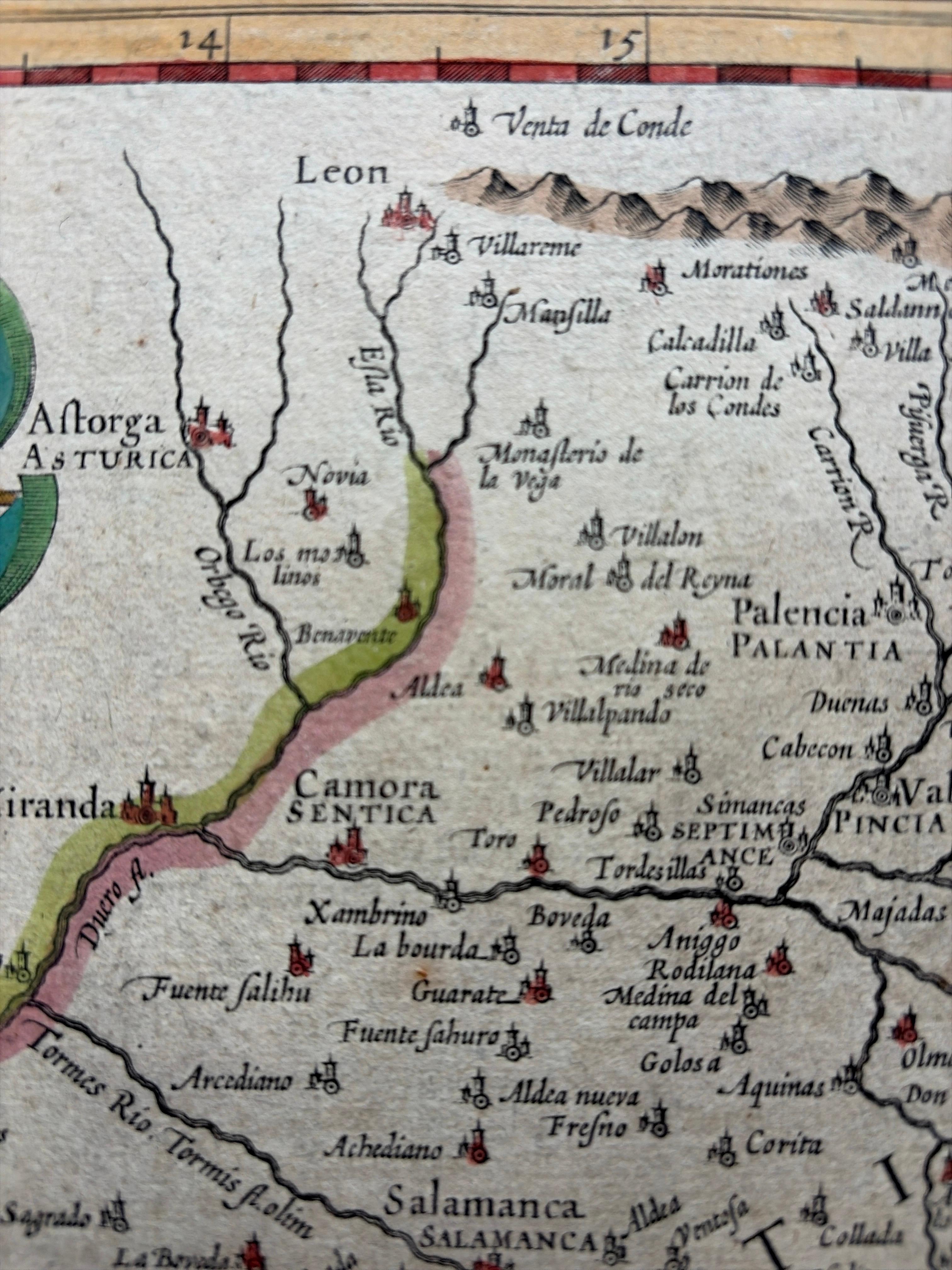 Mapa antiguo de Castilla la Vieja y la Nueva, España, por Jodocus Hondius, c.1636 en venta 3