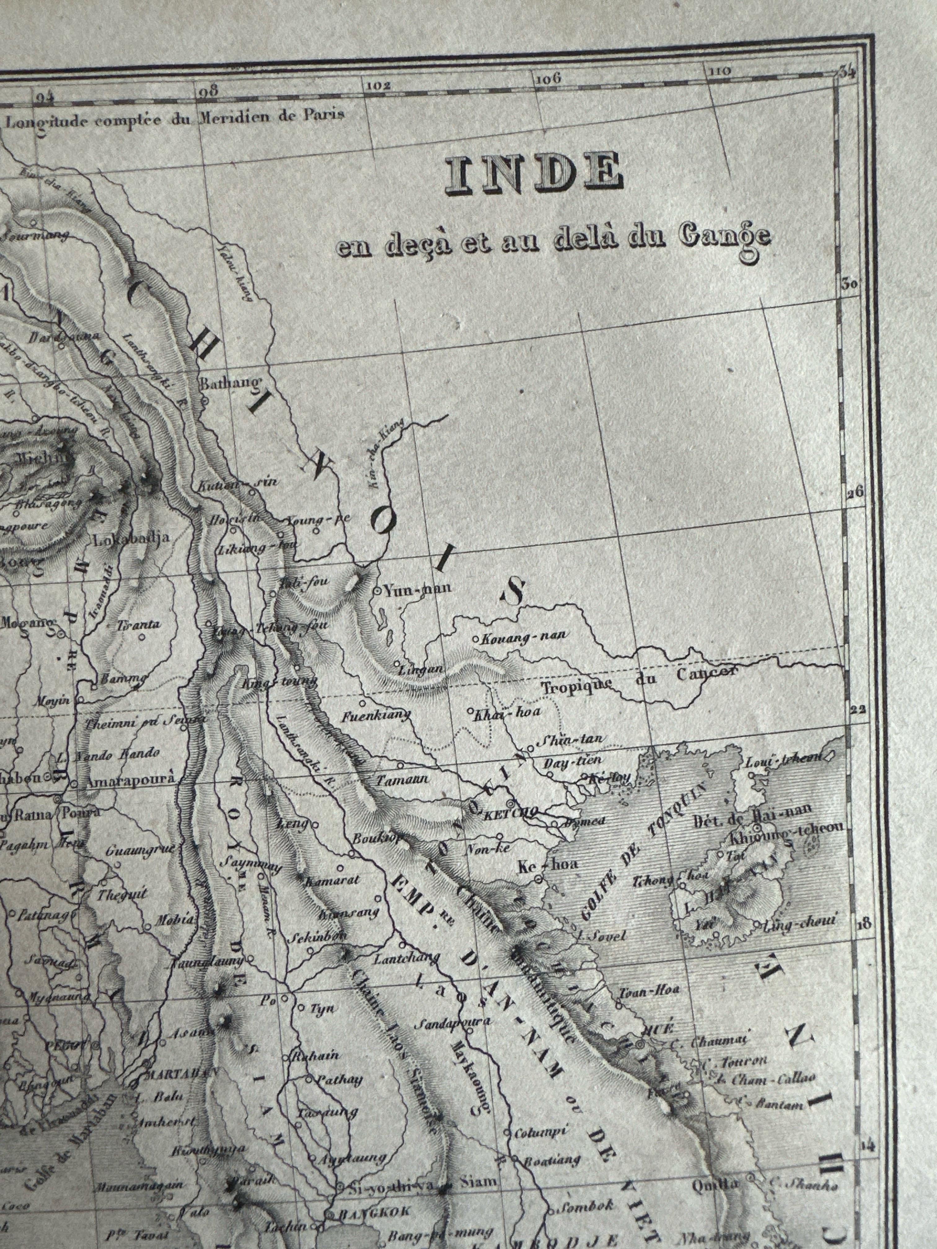 XIXe siècle Carte ancienne de l'Inde et du Southeast Asia par Balbi en 1847 en vente