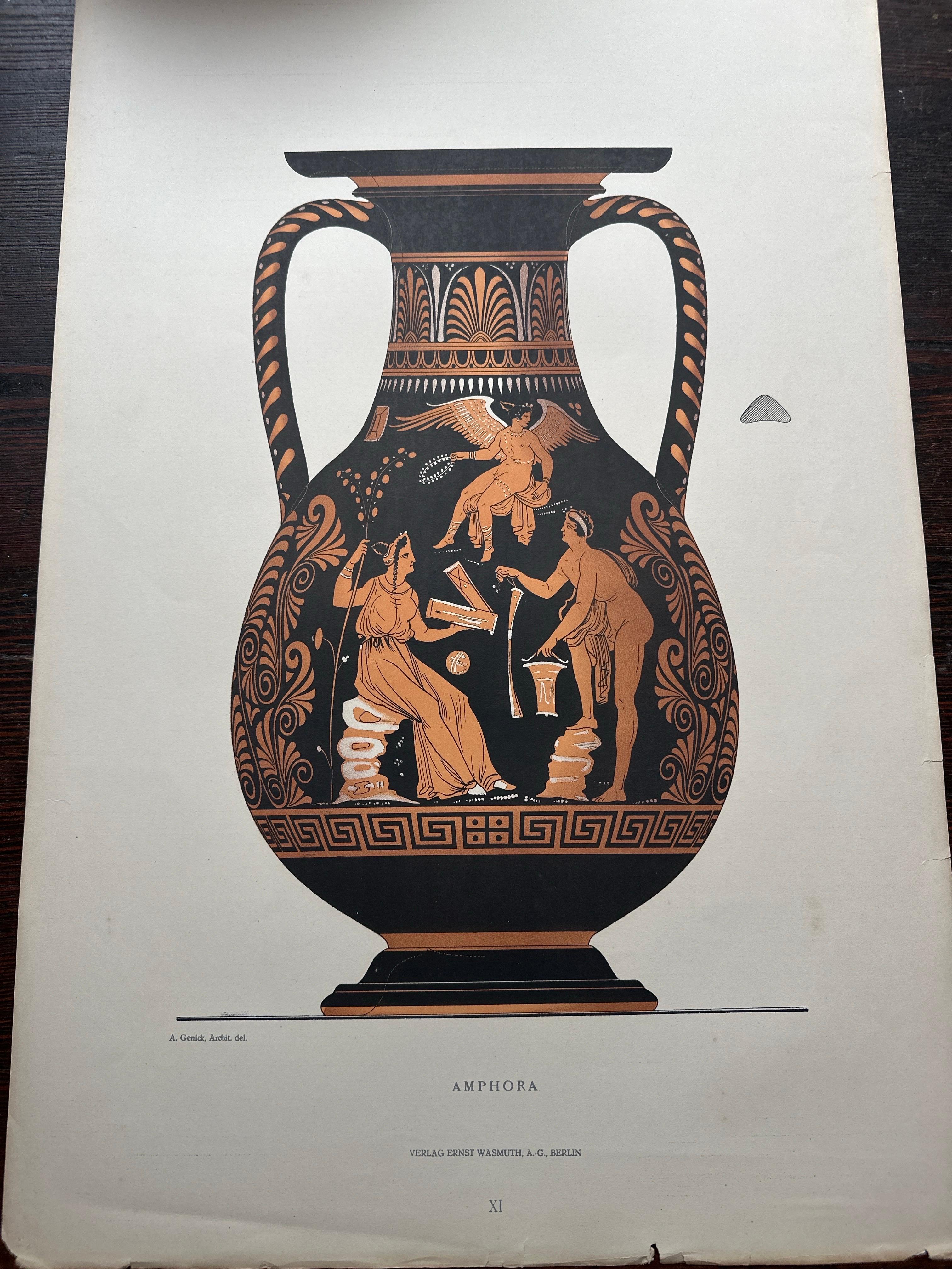 Gravure ancienne de céramiques grecques 'Amphora' par Genick, '1883'. en vente 2