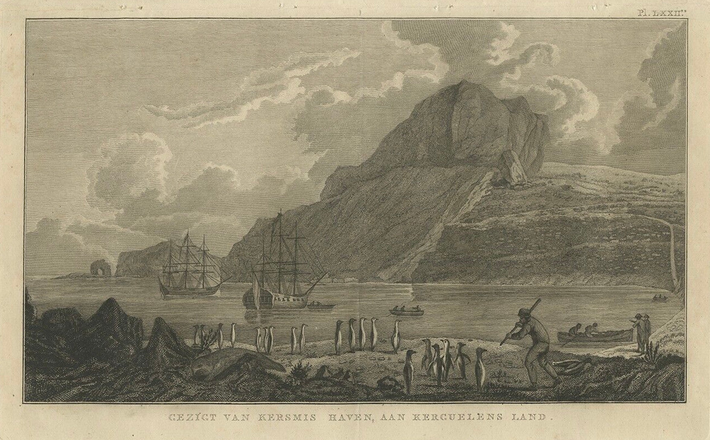 Antiker Druck der Kerguelen-Inseln oder der Desolationsinseln von Cook, 1803