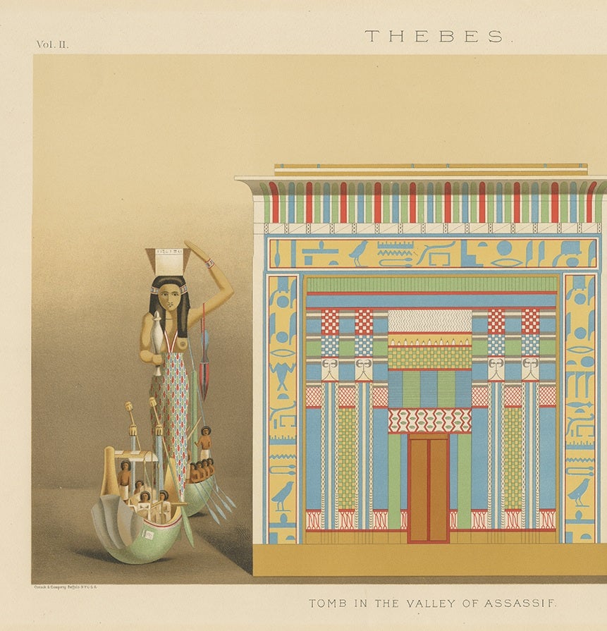 Large lithograph of the tomb in the valley of Assassif, Thebes. This print originates from 'Ancient Egypt or Mizraim' by S.A. Binion, 1887.