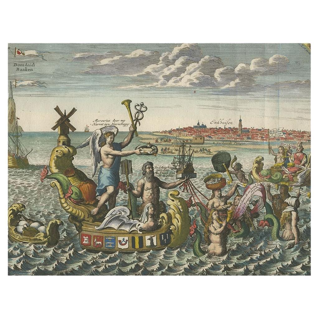 Impression satirique ancienne représentant des sirènes dans le port d'Enkhuizen, vers 1720 en vente