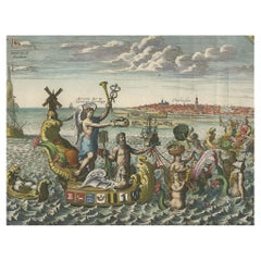 Antique Satirical Print showing Mermaids about the Port of Enkhuizen, circa 1720