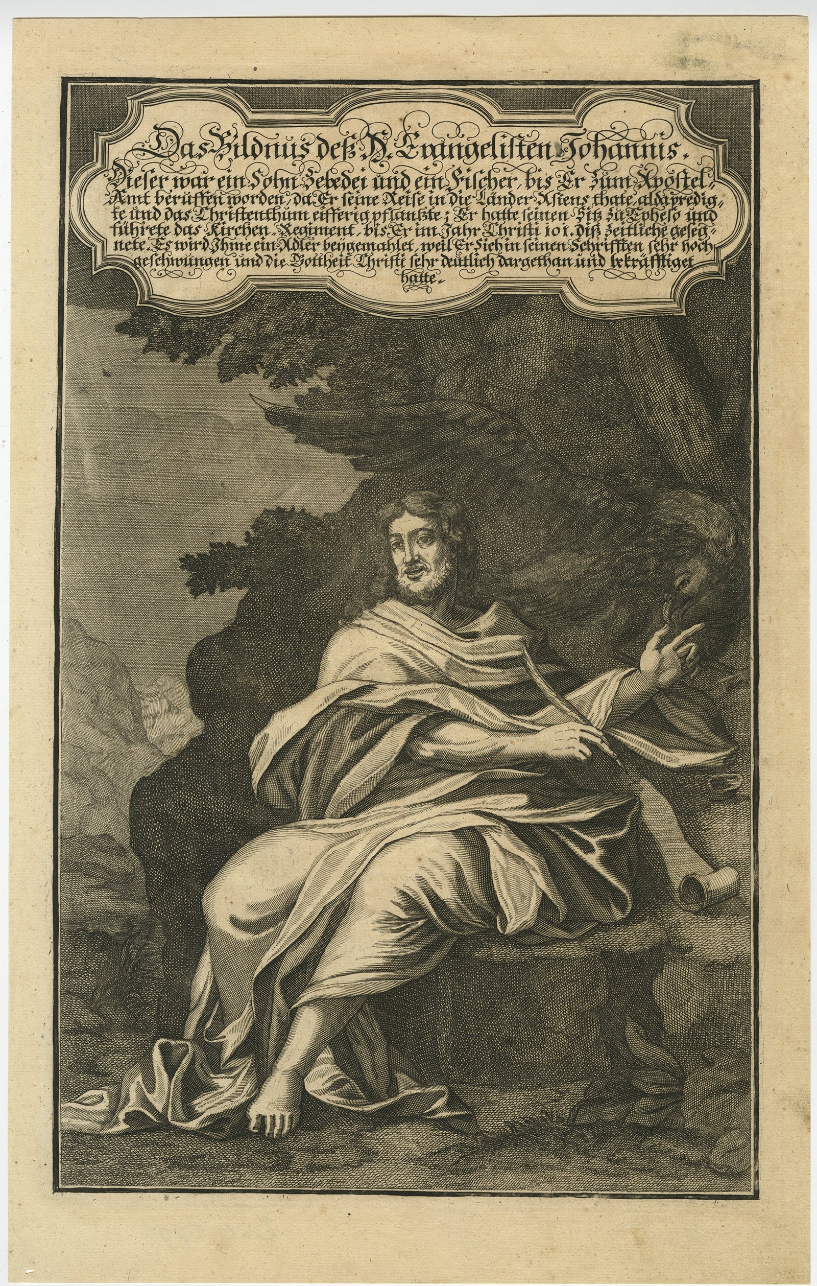 Antique Portrait of John the Evangelist – German Bible Illustration, 1708 For Sale