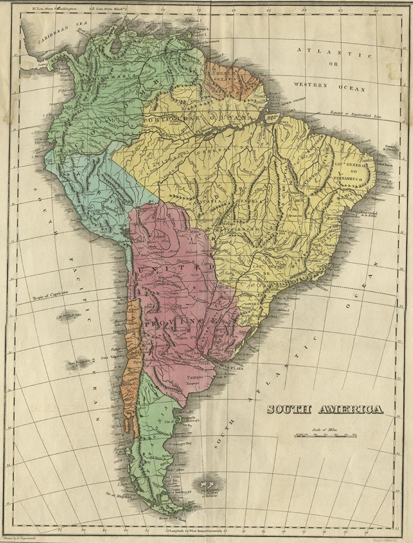 Antique map titled 'South America'. 

Map of South America with attractive topography, surrounded on three sides by text on the history, geography, and economy of the continent. Shows a huge La Plata province that includes much of Peru and all of