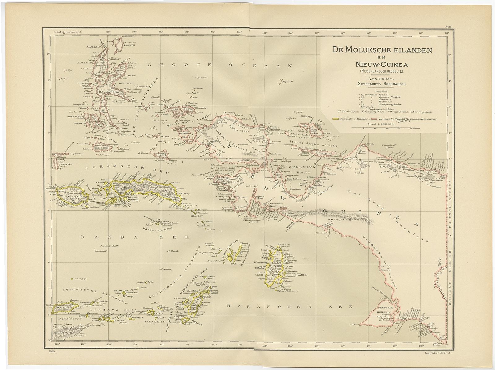 Antique Map of the Moluccas and Irian Jaya (Papua), Indonesia, 1900 In Good Condition In Langweer, NL