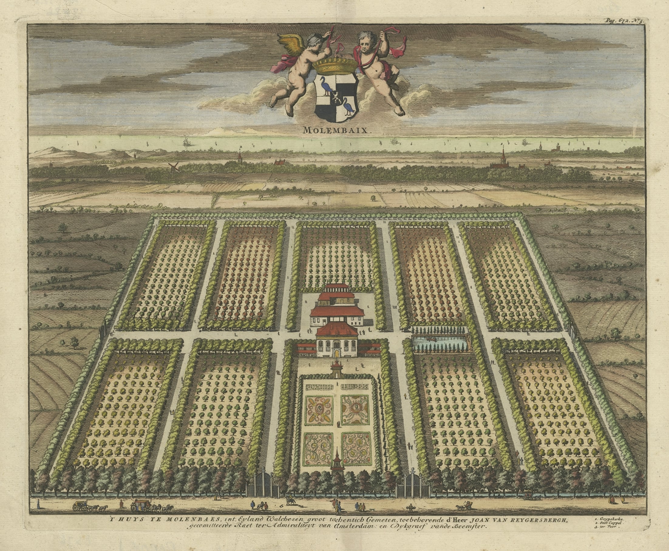 Old Decorative Handcolored Engraving of the Molenbaix Estate in Belgium, 1696 For Sale