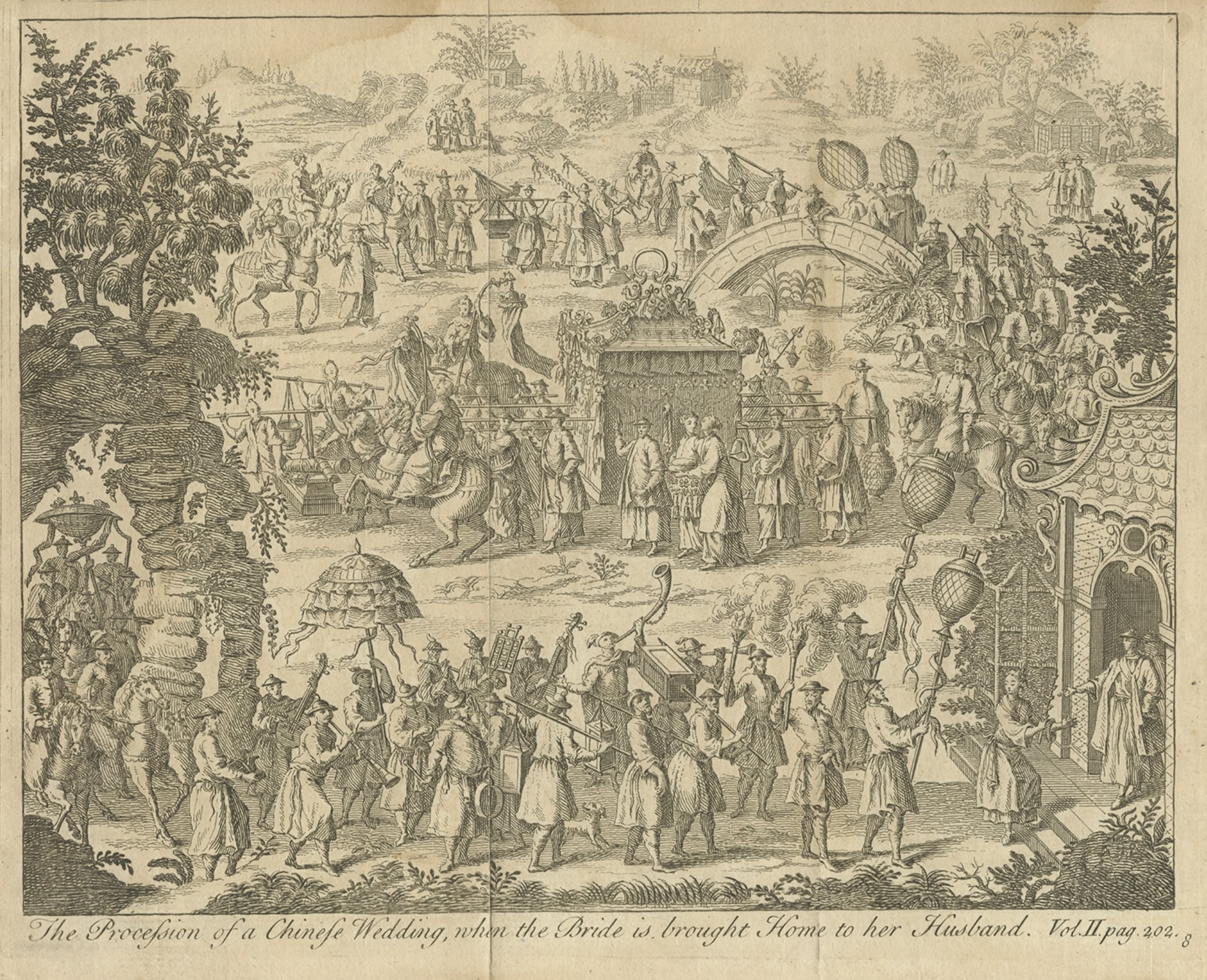Rare Antique Engraving of the Procession At A Chinese Wedding, c.1740