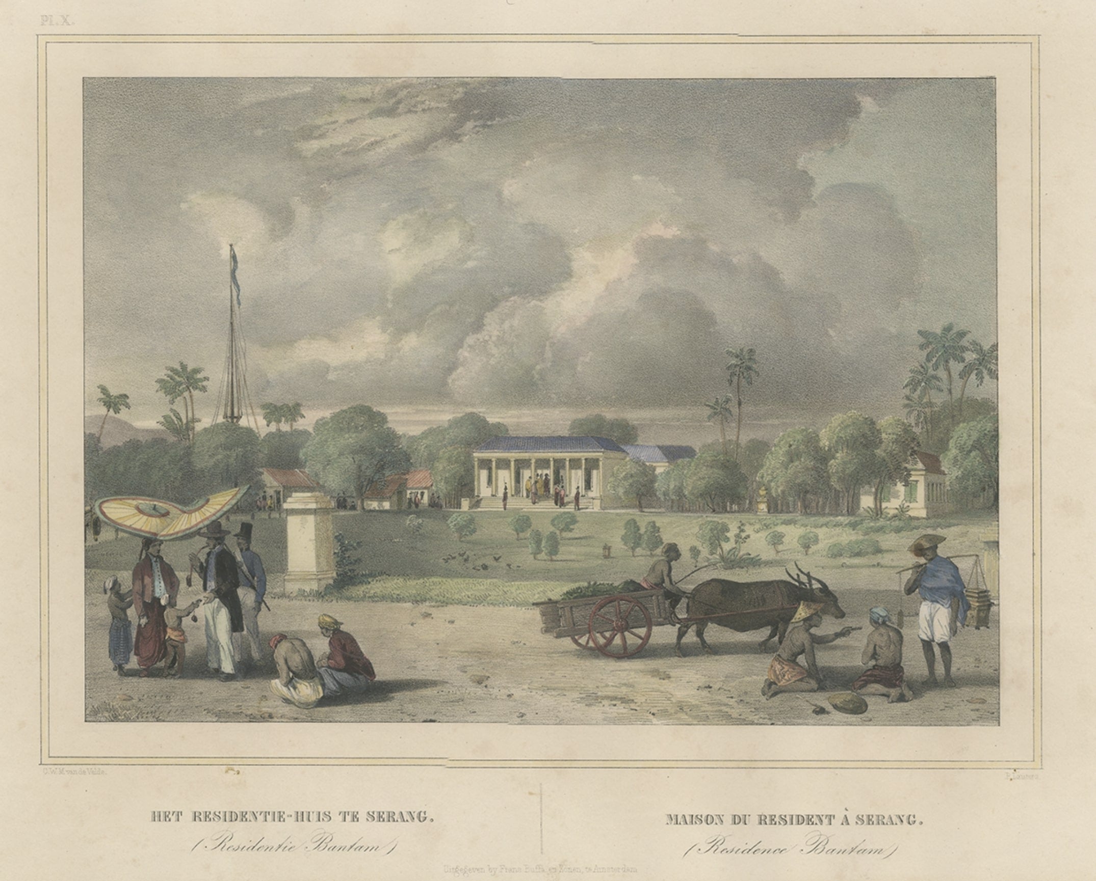 Antiker Druck des Residenzhauses in Serang, Java, Indonesien, 1844 im Angebot