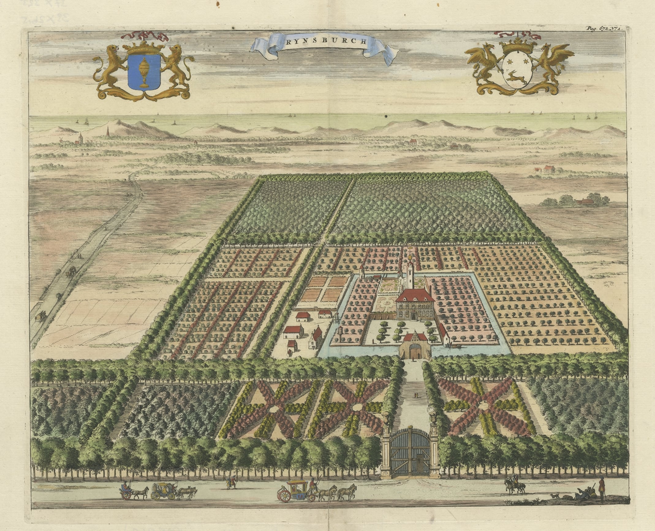 Handcolored Print of an Estate by Smallegange, Zeeland, The Netherlands, 1696 For Sale