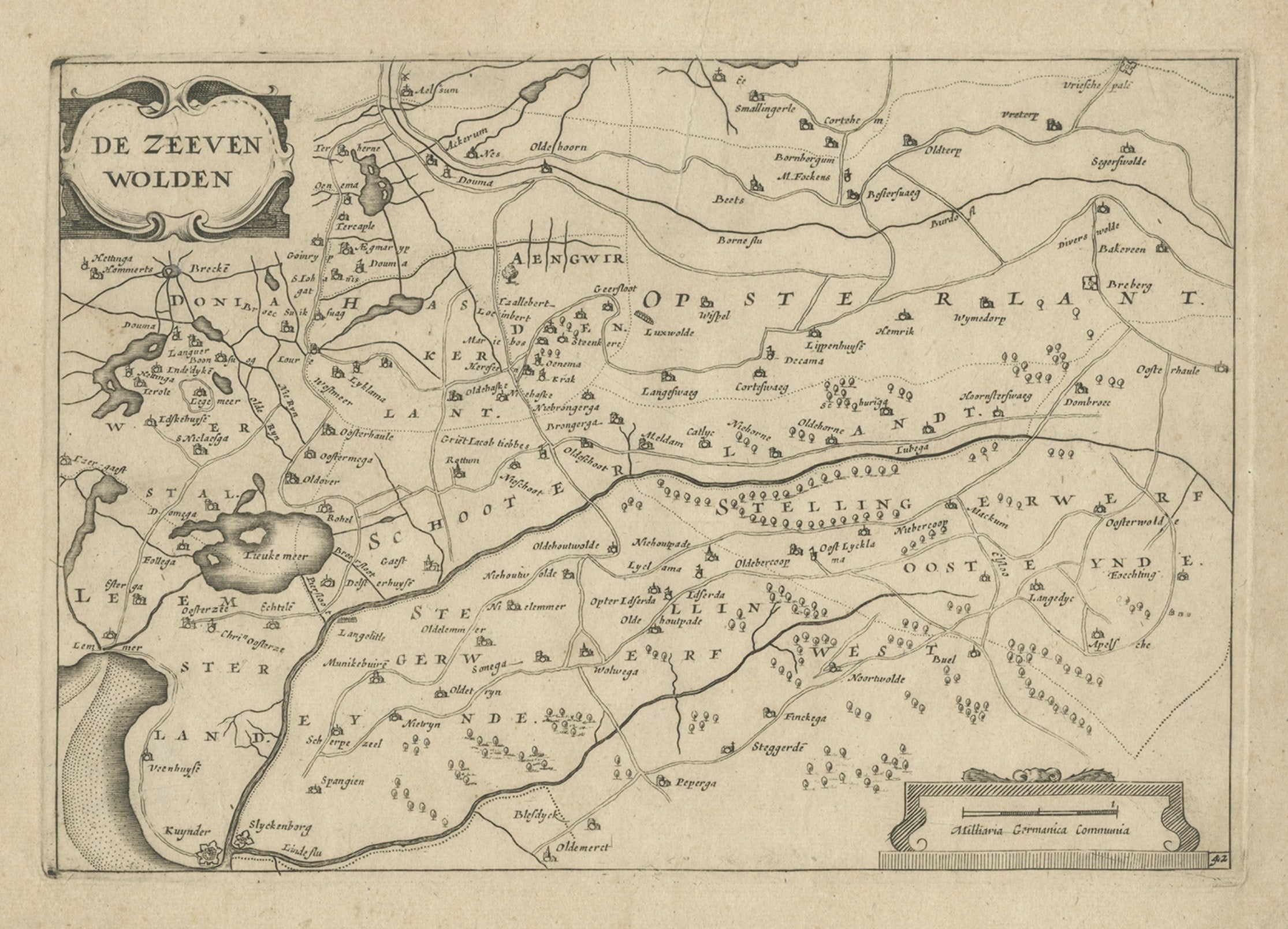 Antique Map of the Region of Zevenwouden, Friesland, The Netherlands, 1660