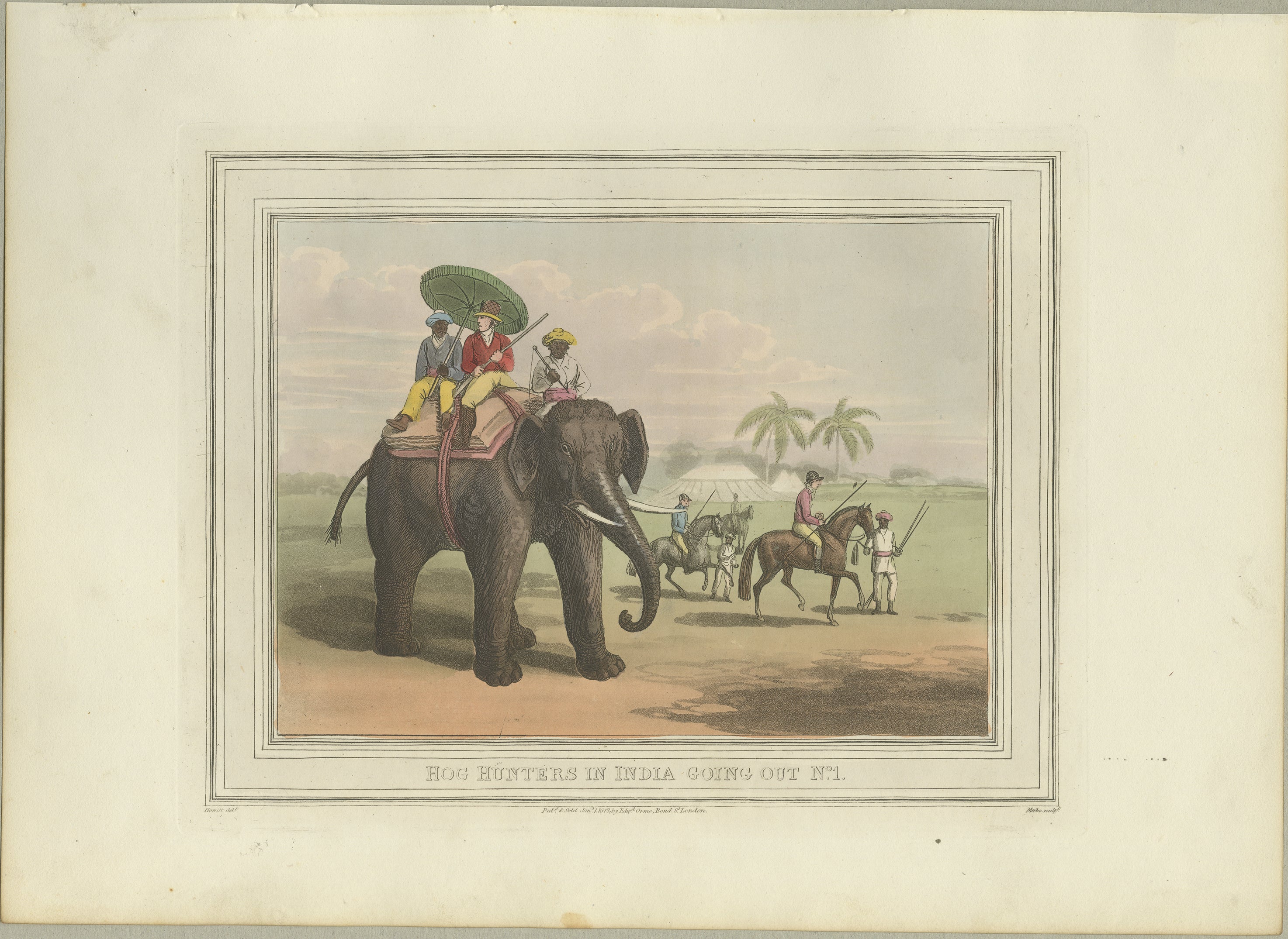 Four Fine Hand-Colored Engravings Depicting the Use of Elephants in India, 1813