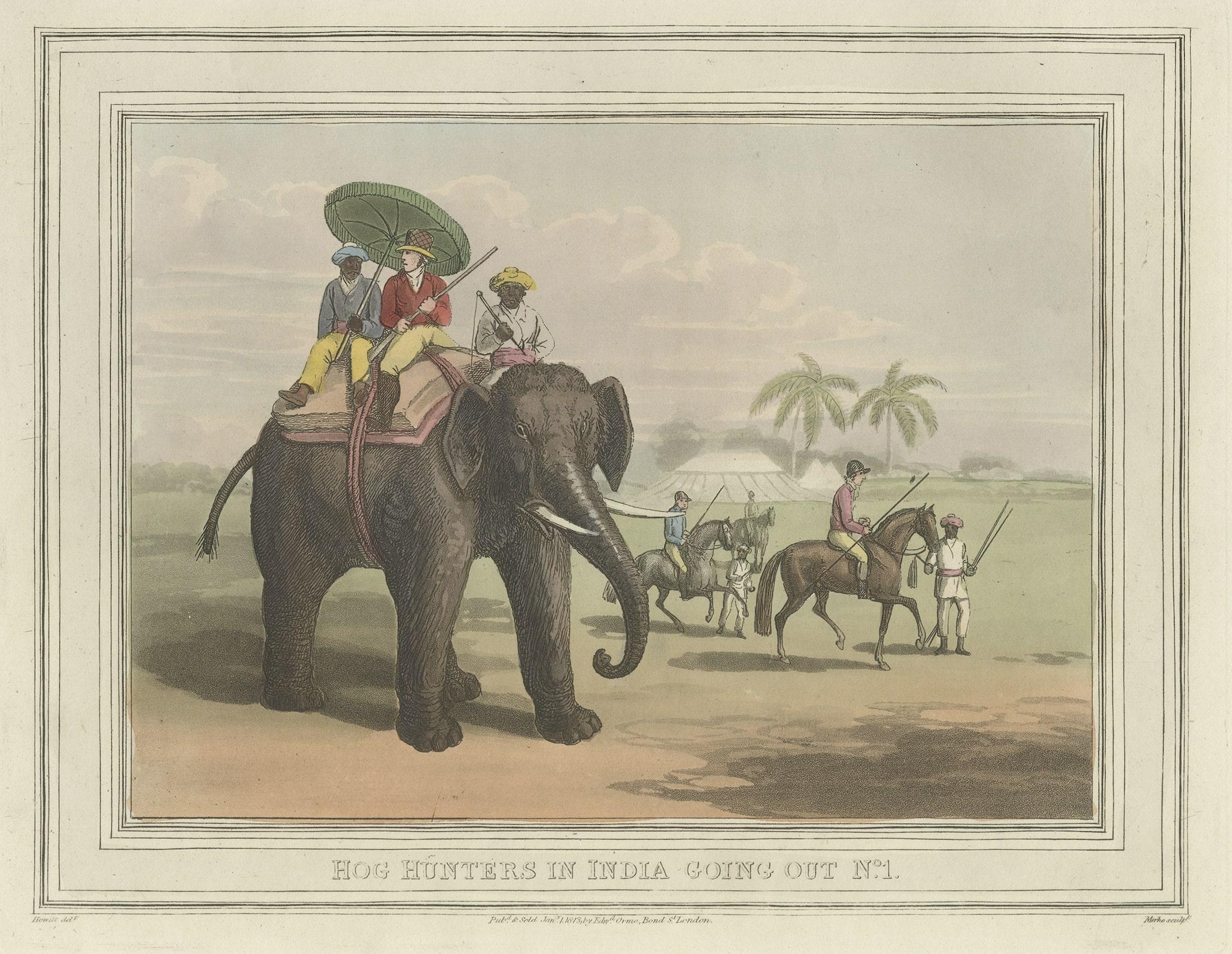 Four Fine Hand-Colored Engravings Depicting the Use of Elephants in India, 1813 1