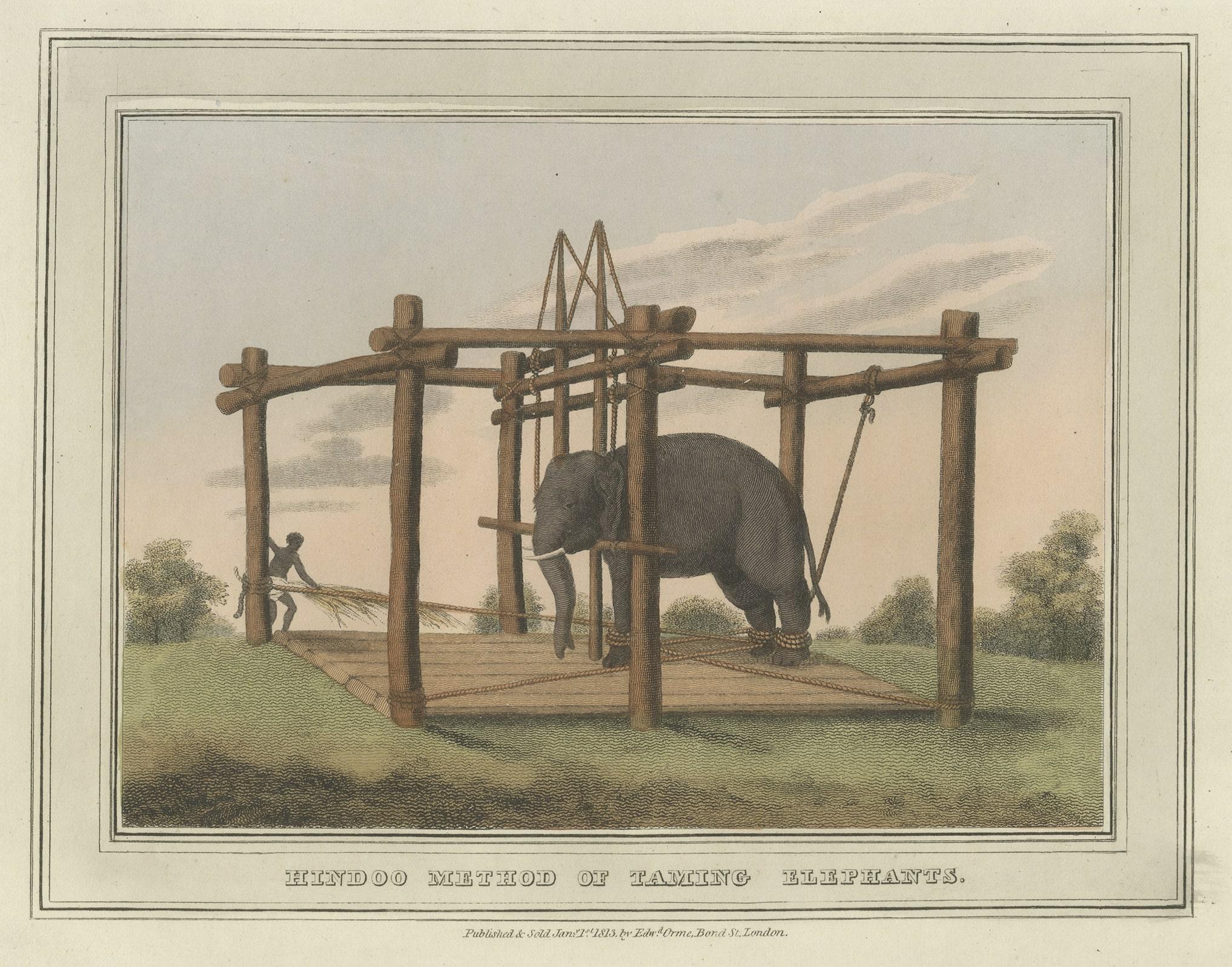 Early 19th Century Four Fine Hand-Colored Engravings Depicting the Use of Elephants in India, 1813