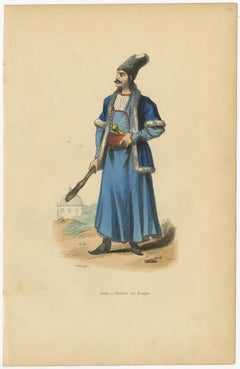 Antique Print of a Persian Man in Traditional Clothing and with a Dagger, 1843