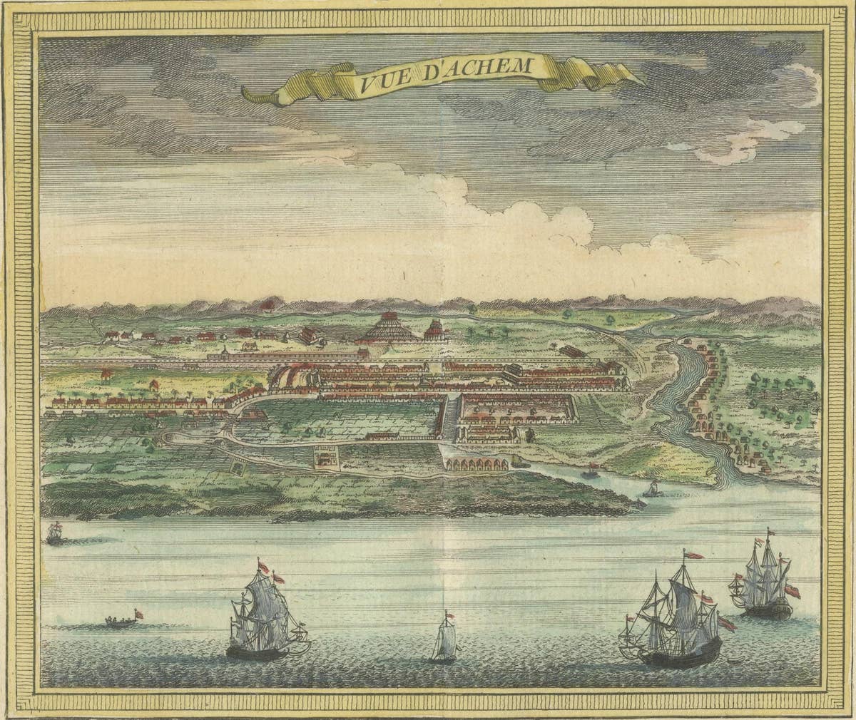 Antique Print with a View of Aceh, Sumatra in Indonesia
