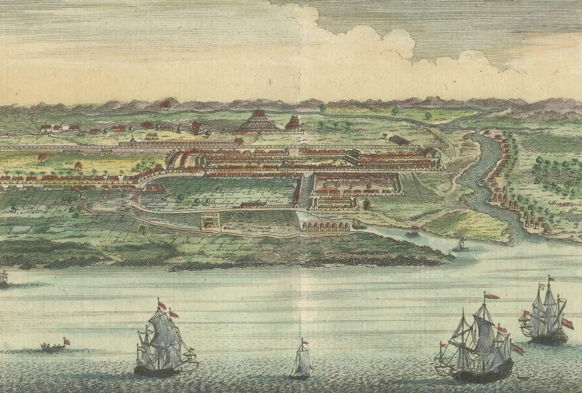 Antiker Druck mit einer Ansicht von Aceh, Sumatra in Indonesien (18. Jahrhundert) im Angebot