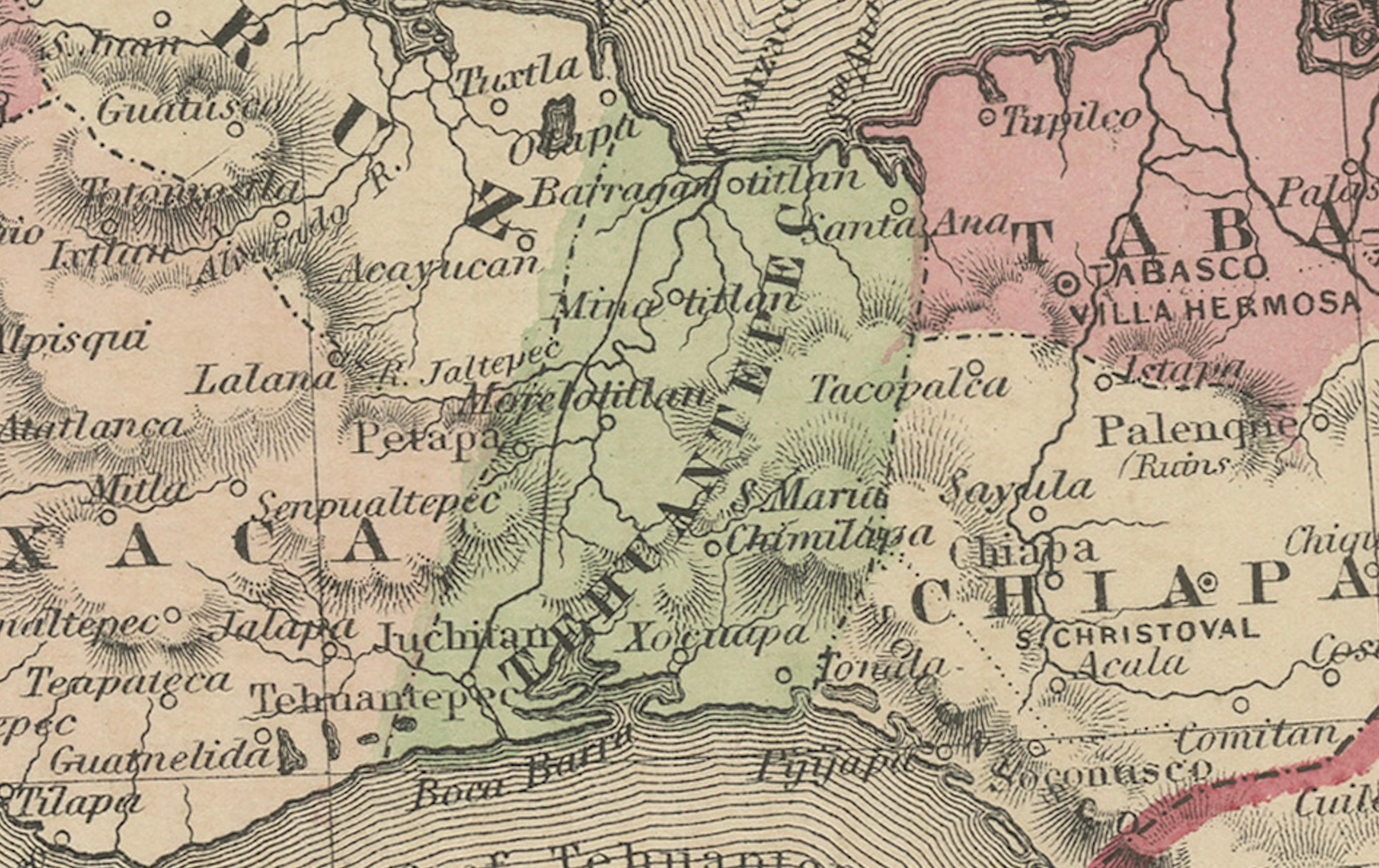 Américain Carte du Mexique de Johnson avec encart sur Tehuantepec, A.I.C. c.1864 - coloriée à la main en vente