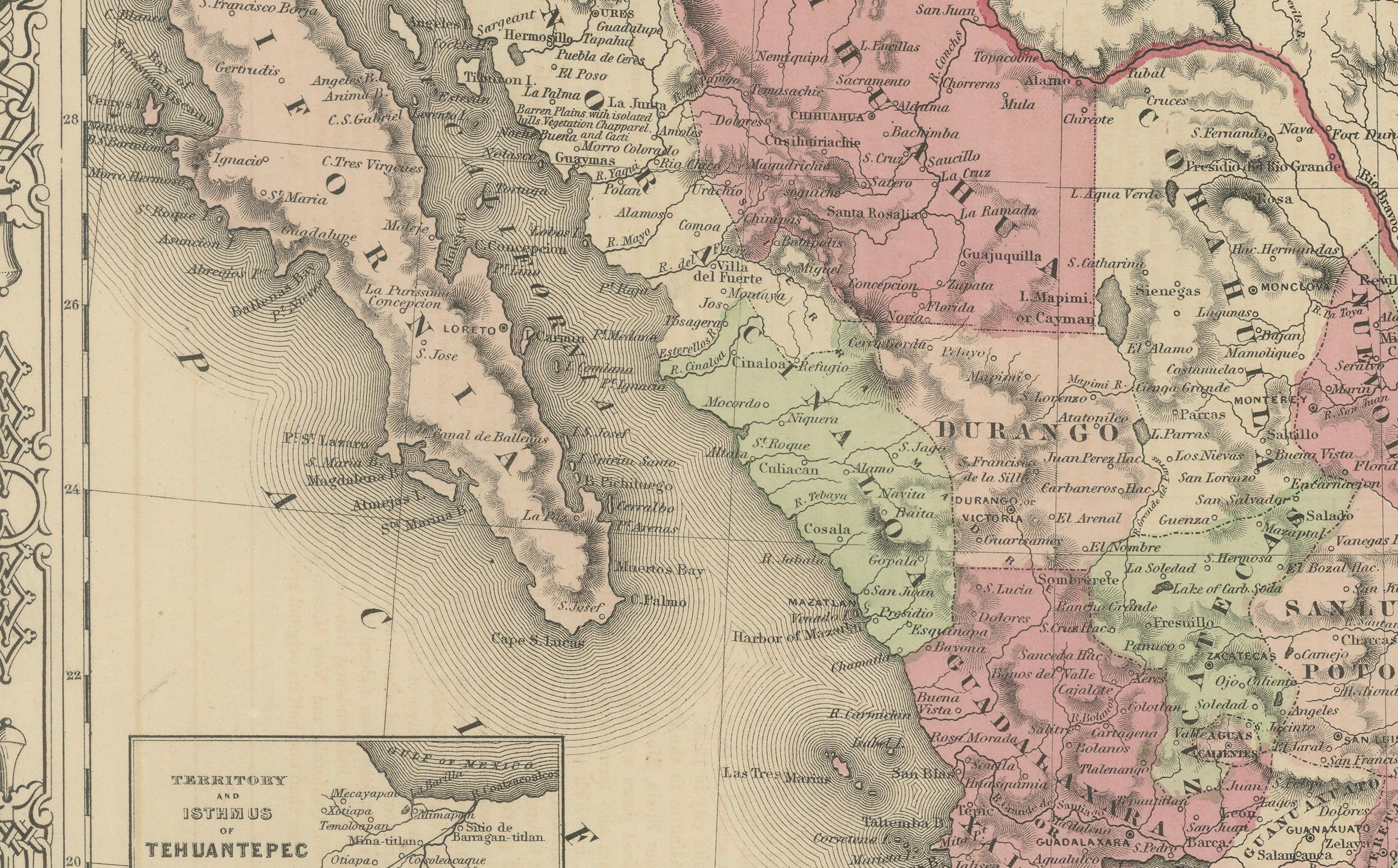 Carte du Mexique de Johnson avec encart sur Tehuantepec, A.I.C. c.1864 - coloriée à la main en vente 1