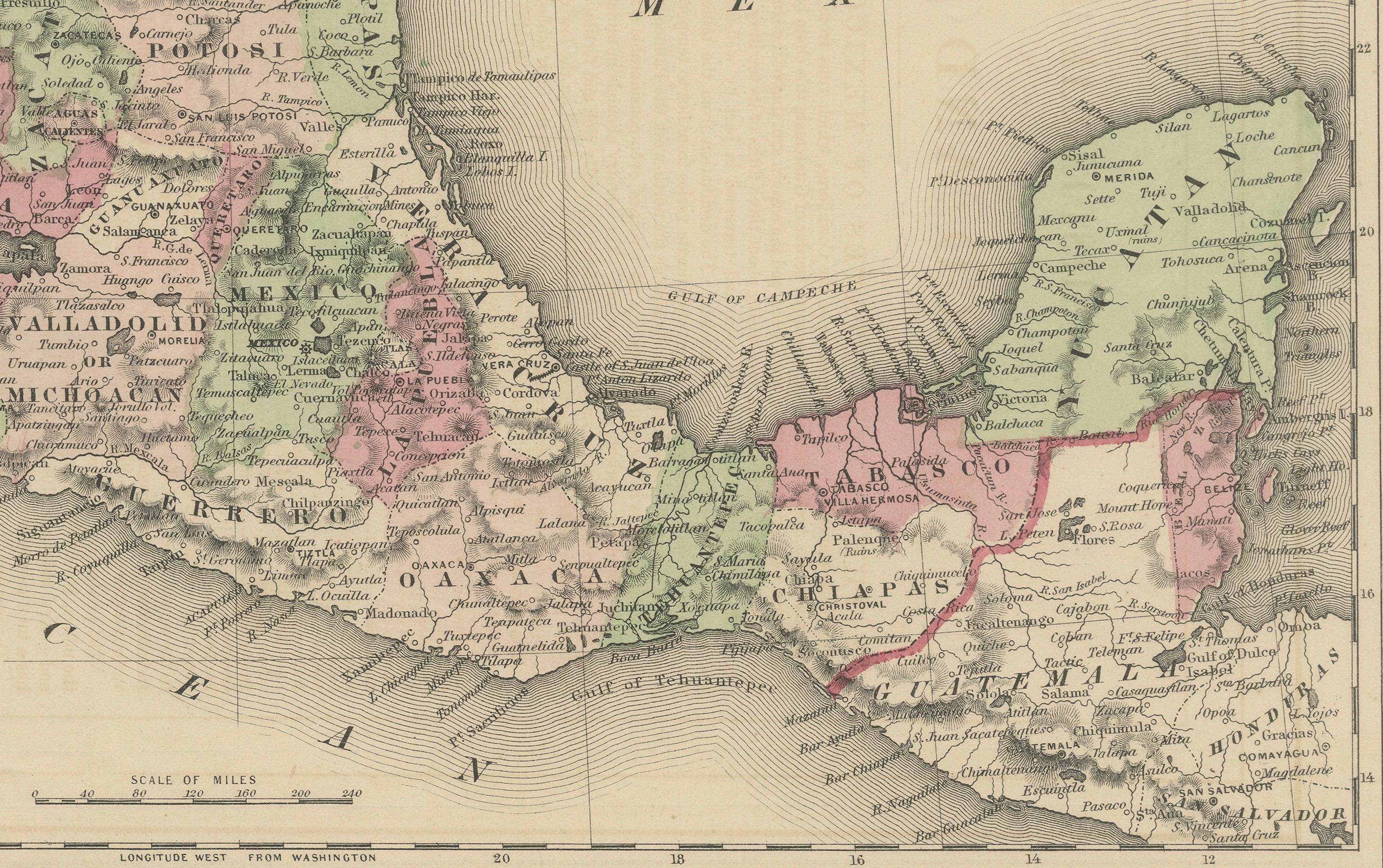 Carte du Mexique de Johnson avec encart sur Tehuantepec, A.I.C. c.1864 - coloriée à la main Bon état - En vente à Langweer, NL