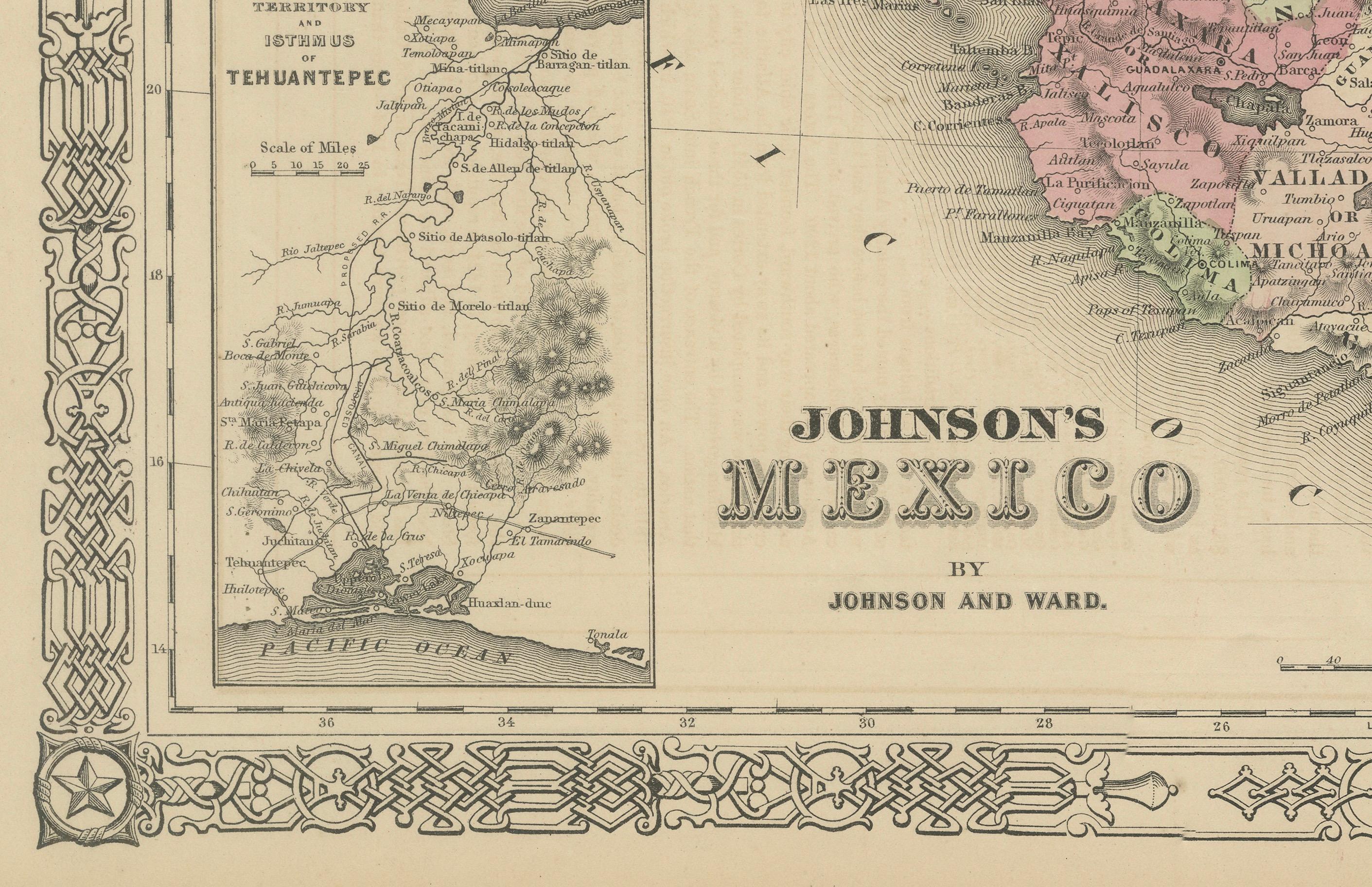 Carte du Mexique de Johnson avec encart sur Tehuantepec, A.I.C. c.1864 - coloriée à la main en vente 2