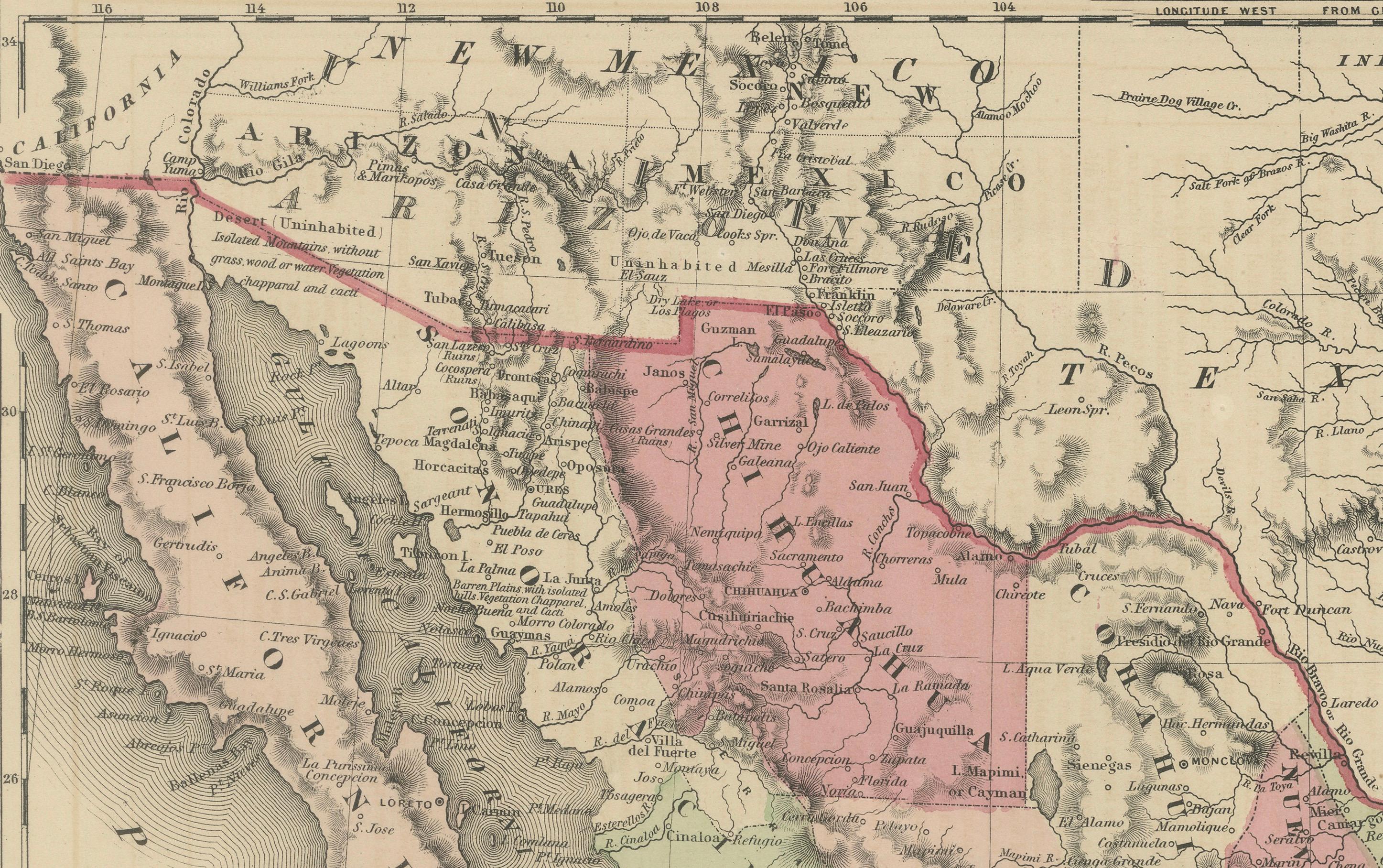 Papier Carte du Mexique de Johnson avec encart sur Tehuantepec, A.I.C. c.1864 - coloriée à la main en vente