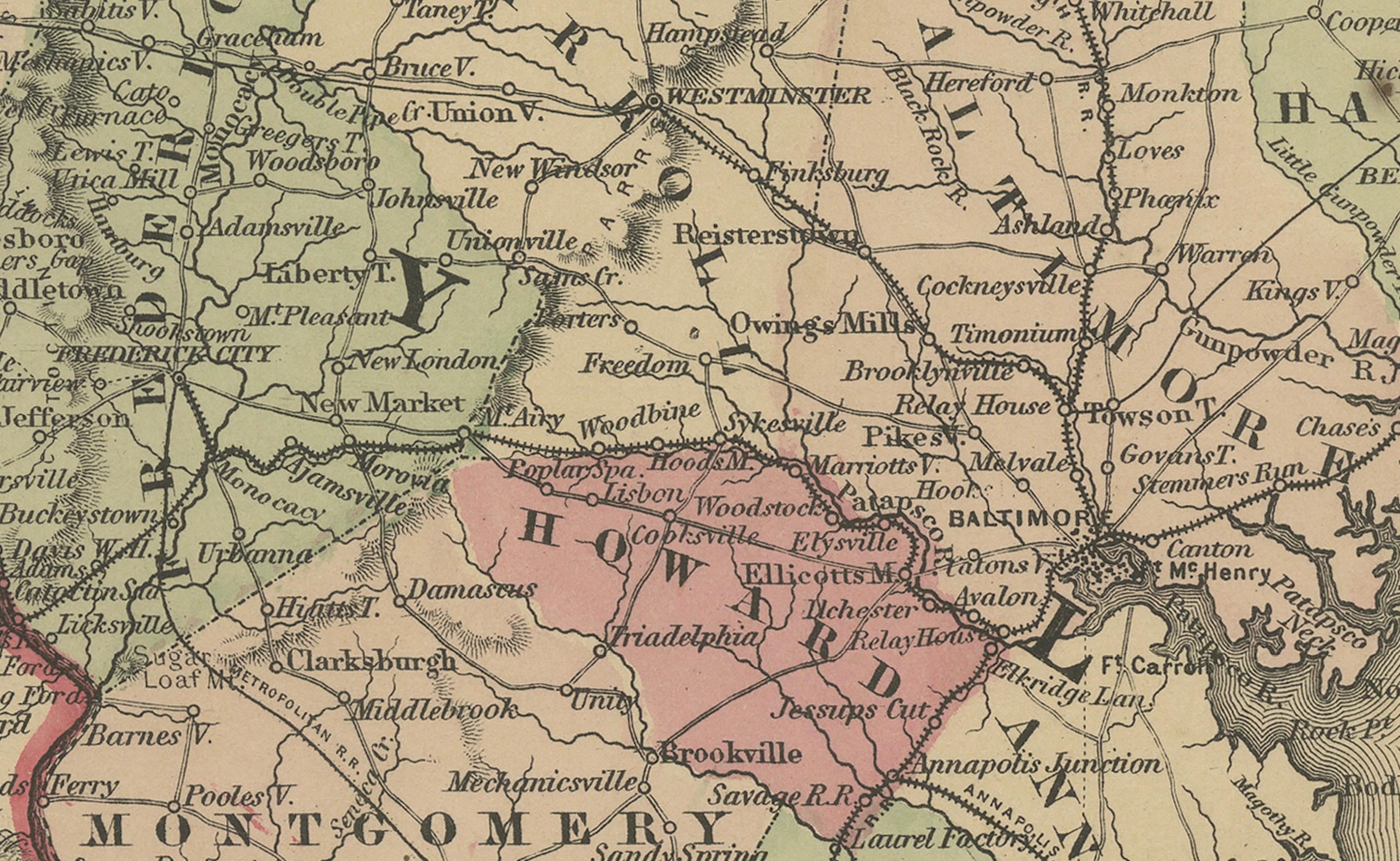 Mappa del Delaware e del Maryland - Johnson, colorata a mano con inserti, 1864 In condizioni discrete in vendita a Langweer, NL