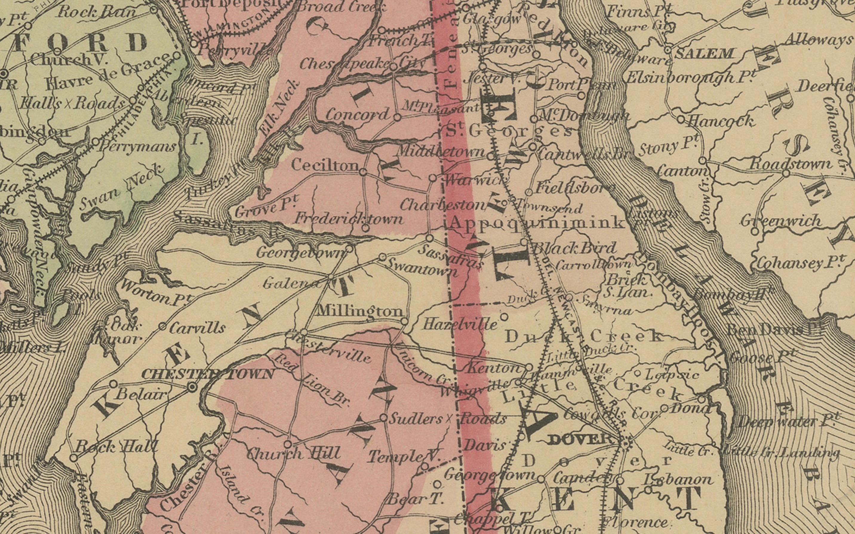 Carta Mappa del Delaware e del Maryland - Johnson, colorata a mano con inserti, 1864 in vendita