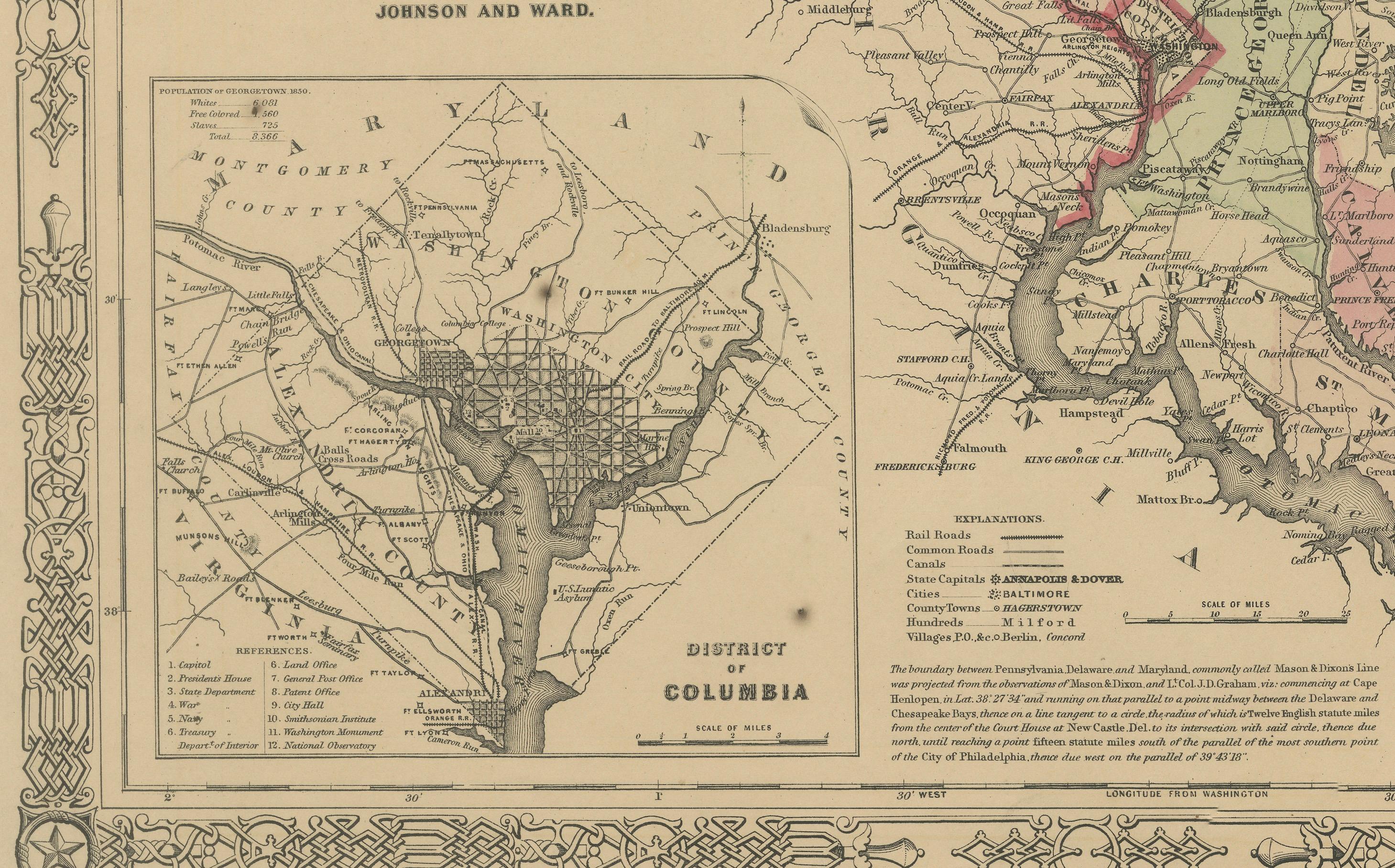 Mappa del Delaware e del Maryland - Johnson, colorata a mano con inserti, 1864 in vendita 4