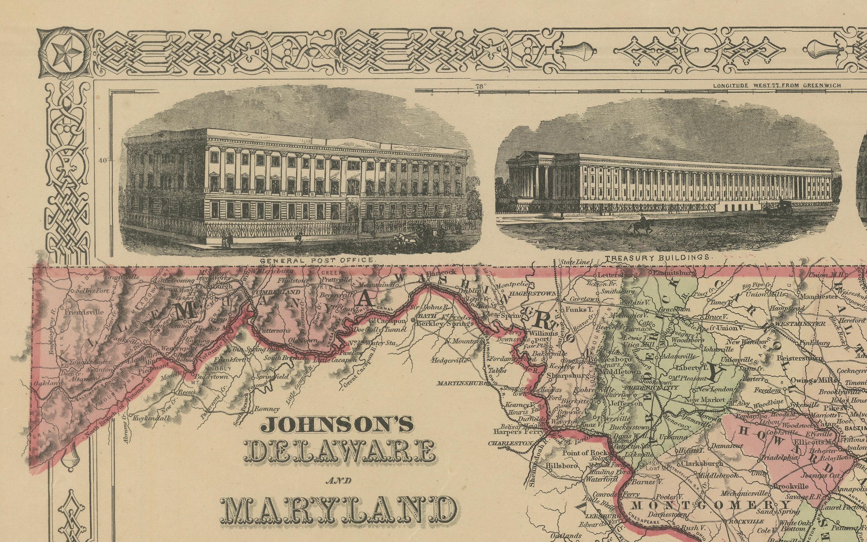 Mappa del Delaware e del Maryland - Johnson, colorata a mano con inserti, 1864 in vendita 5
