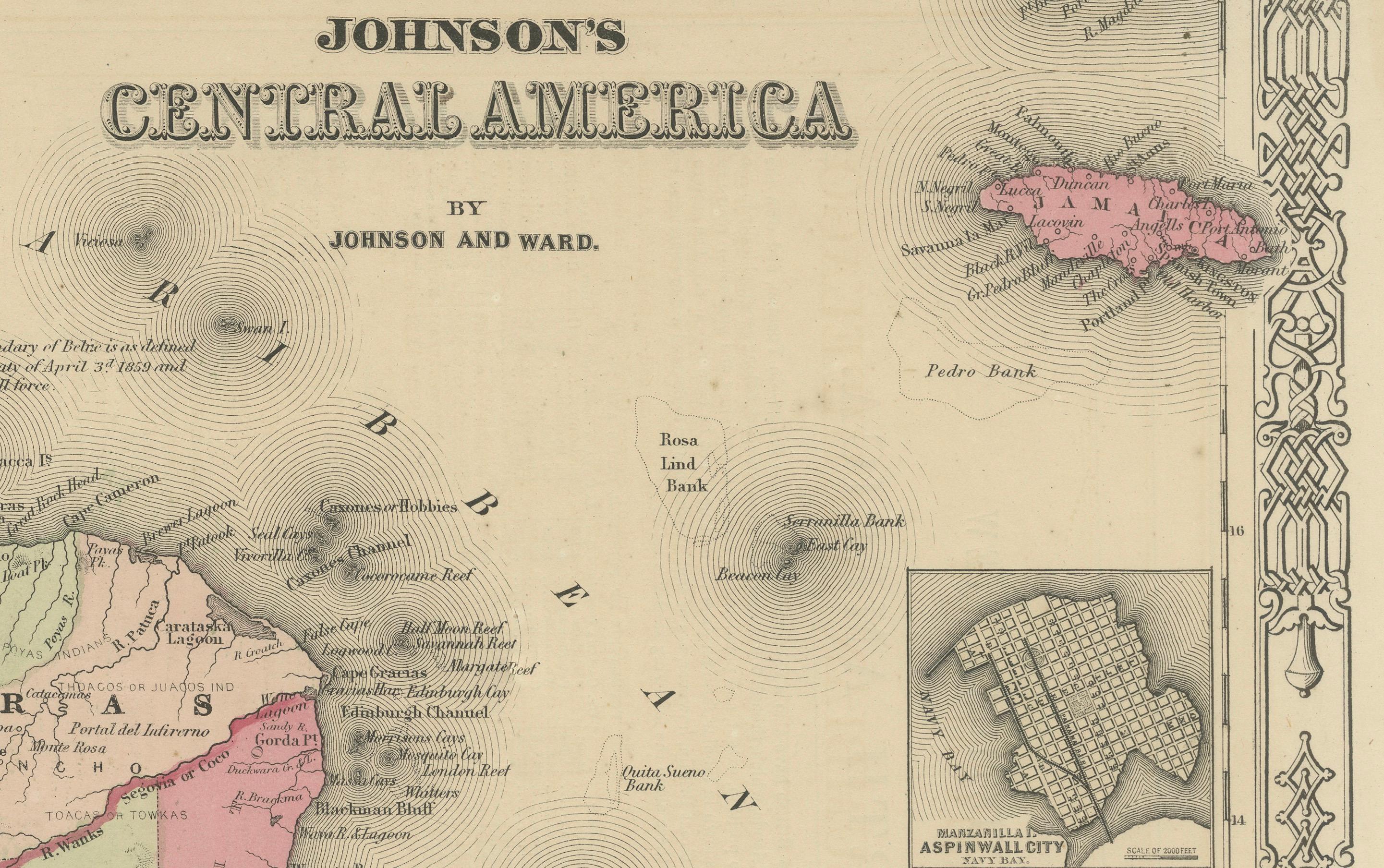 Carte de l'Amérique centrale - Johnson, coloriée à la main avec inserts, c.1864 en vente 3