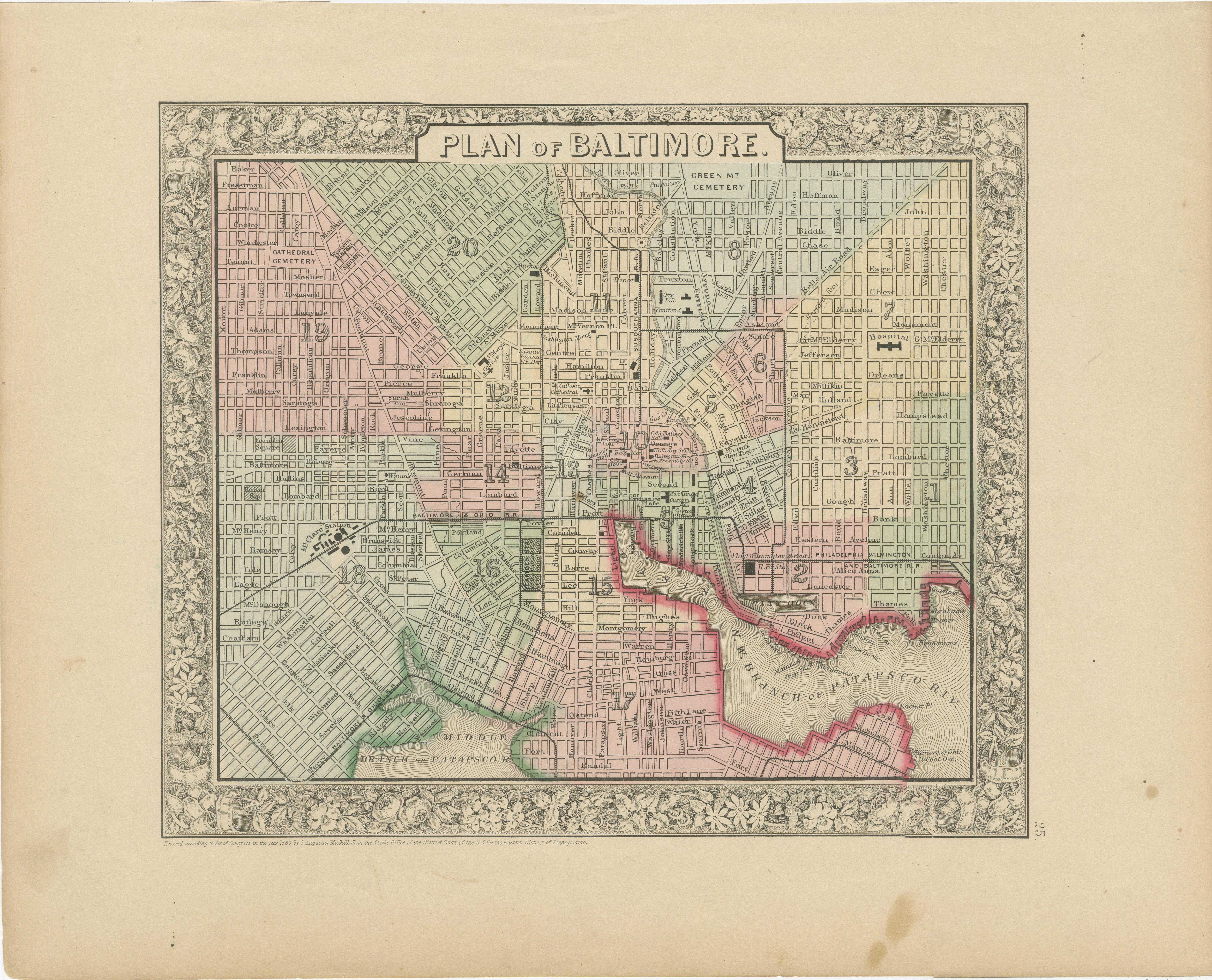 Plano de la ciudad de Baltimore, EE.UU. c.1870 - Plano de calles coloreado a mano

Se trata de un plano de calles finamente grabado y coloreado a mano titulado Plano de Baltimore, publicado en Estados Unidos hacia 1870. Muestra la ciudad de