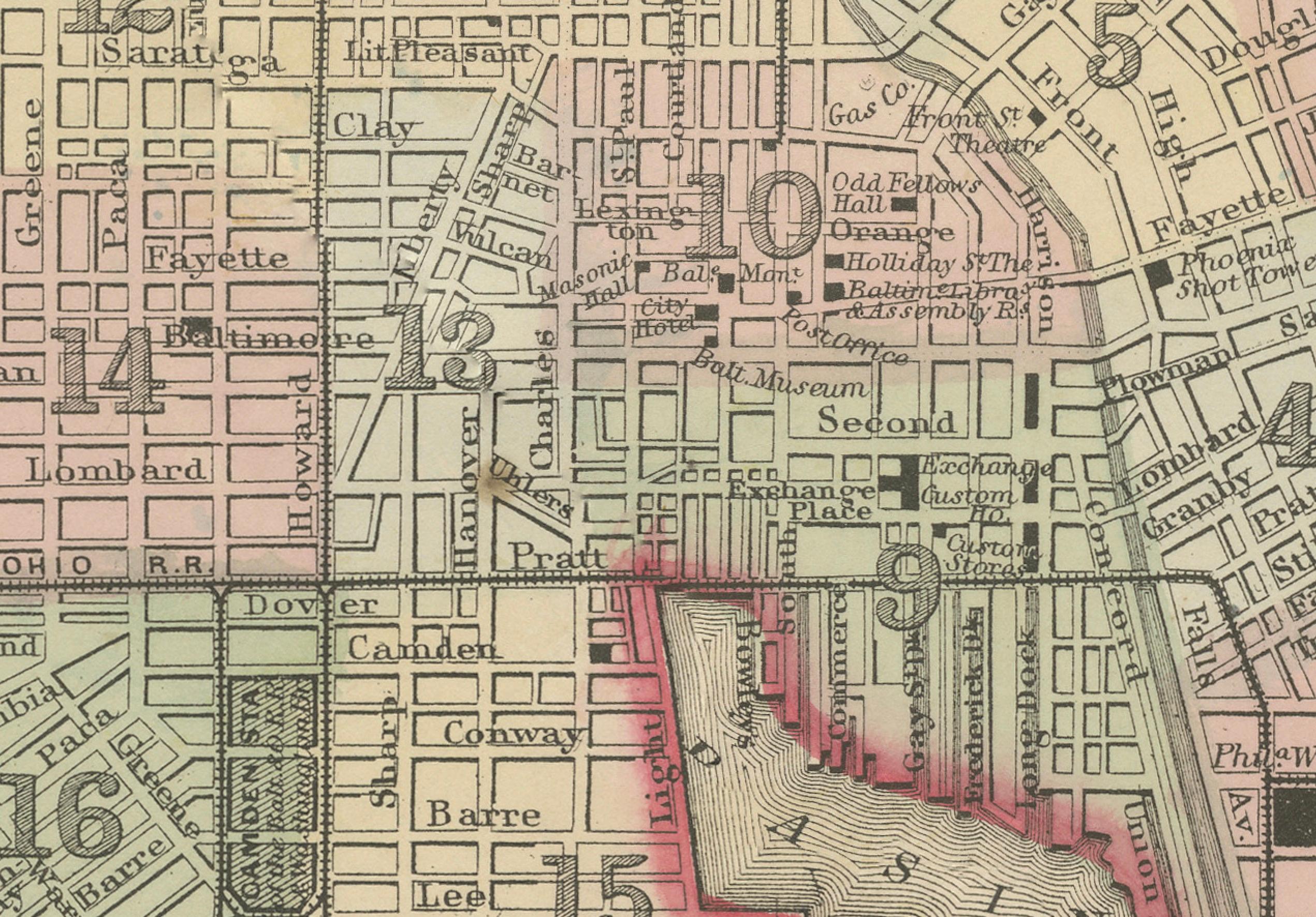 Plano de la ciudad de Baltimore, EE.UU. c.1870 - Plano de calles coloreado a mano en venta 2